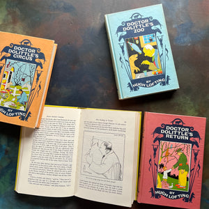 Set of Four Doctor Dolittle Books written & illustrated by Hugh Lofting-Circus, Zoo, Caravan & Return-vintage children's chapter books-view of the illustrations