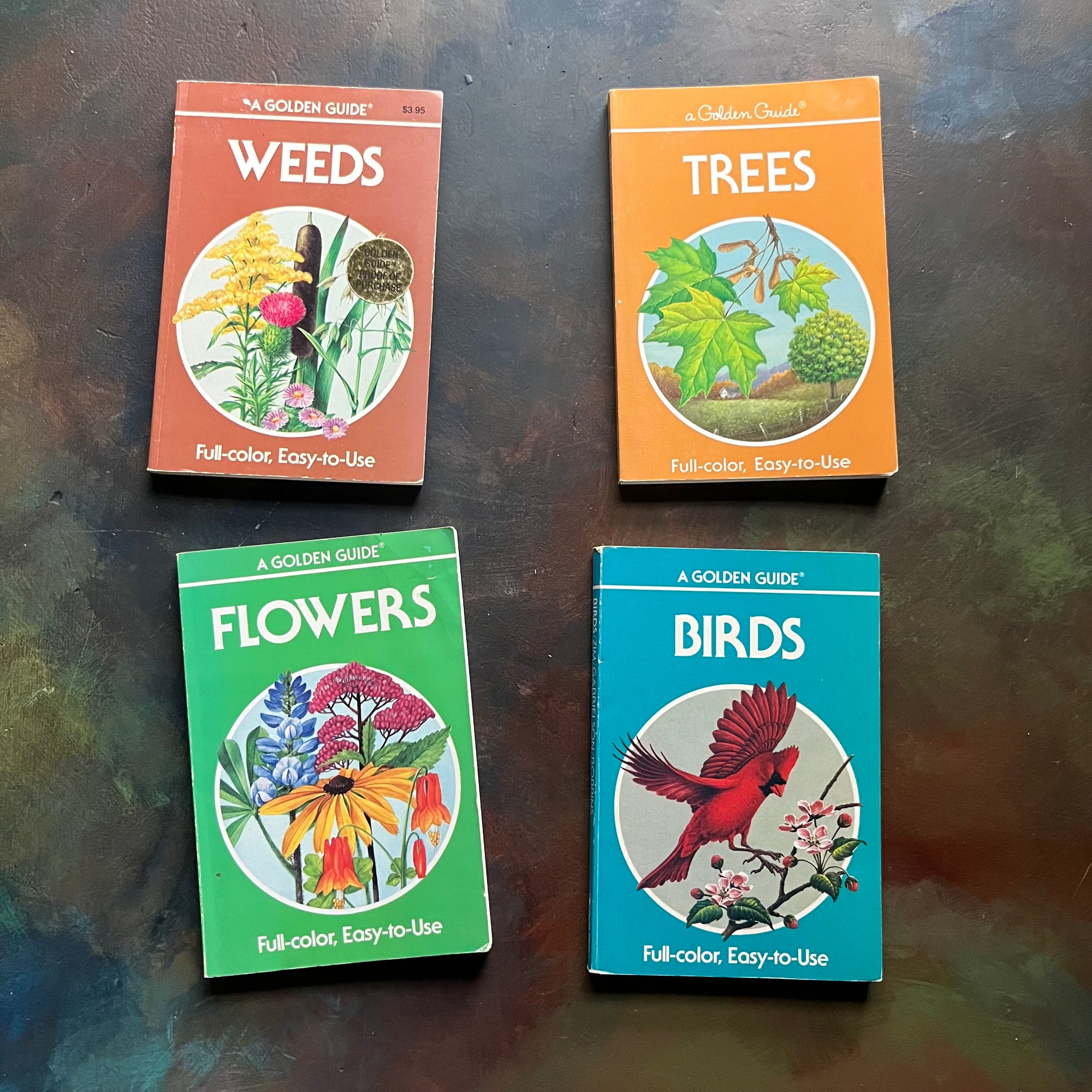 Set of Four Vintage Golden Guide Books-nature pocket guides-Birds, Flowers, Trees, and Weeds-view of the front covers