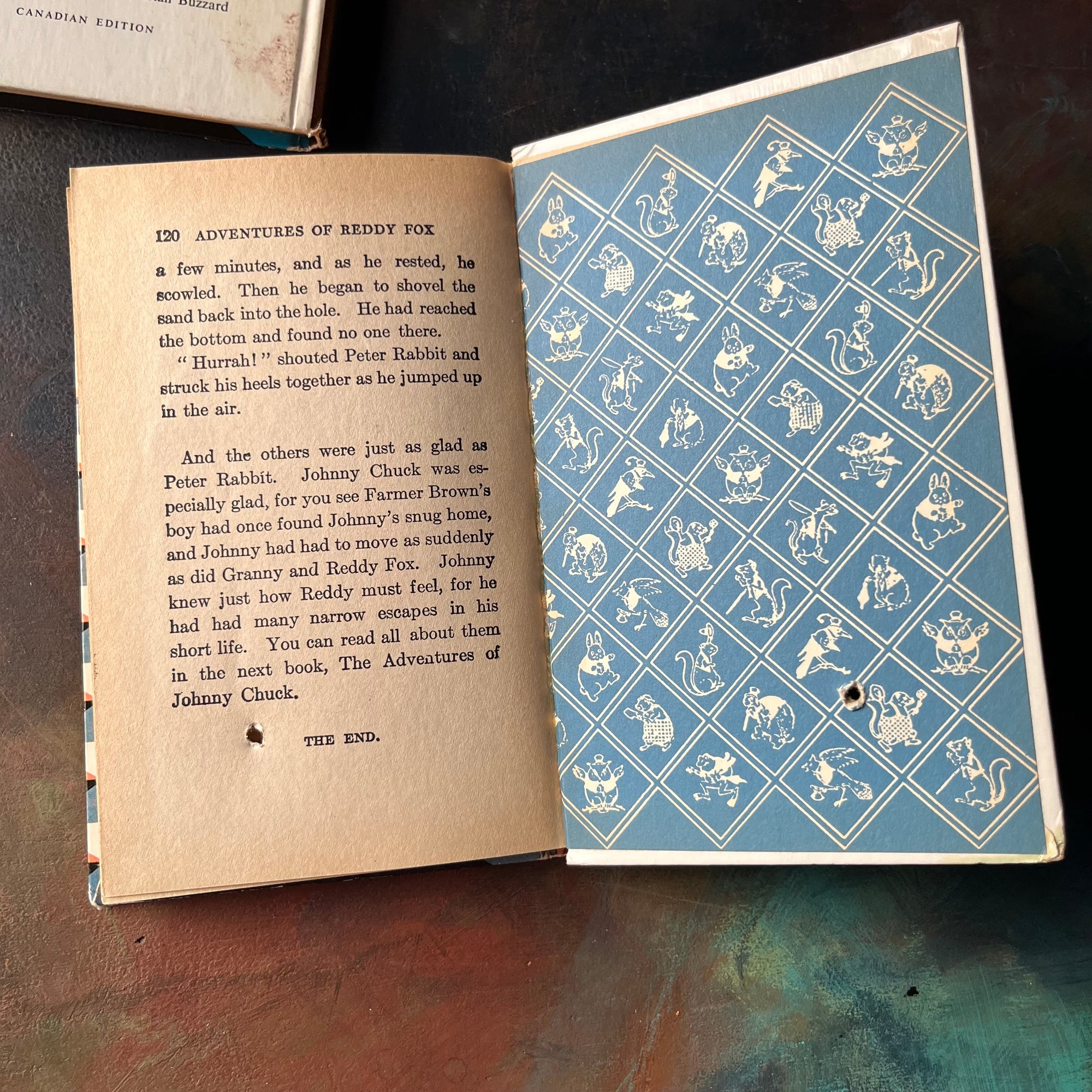 Set of Four of The Bedtime Story-Books written by Thornton W. Burgess with illustrations by Harrison Cady- The Set includes The Adventures of: Prickly Porky, Chatterer the Red Squirrel, Johnny Chuck, and Reddy Fox-vintage read alouds-view of the condition of Reddy Fox - note the hole through the back cover & pages