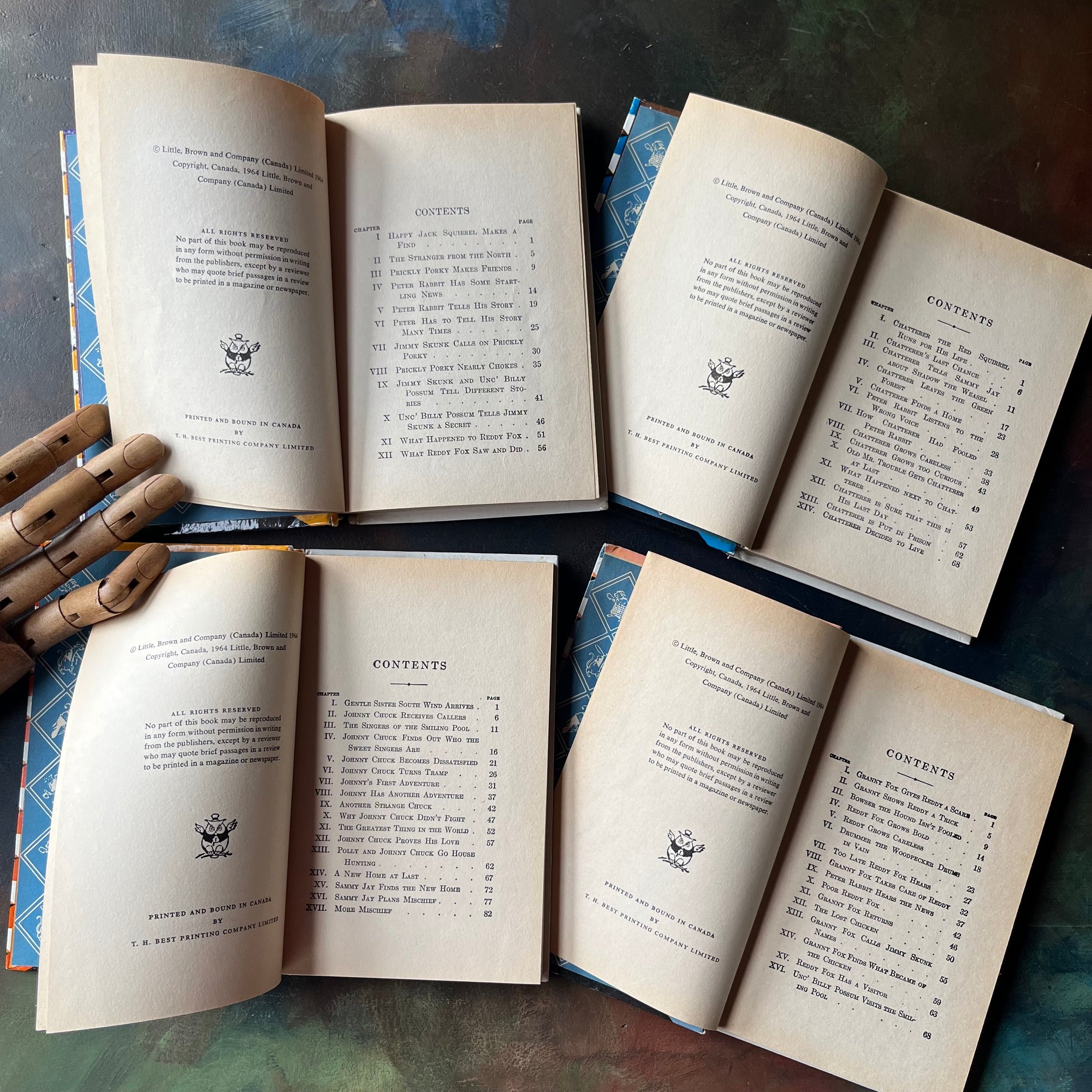 Set of Four of The Bedtime Story-Books written by Thornton W. Burgess with illustrations by Harrison Cady- The Set includes The Adventures of: Prickly Porky, Chatterer the Red Squirrel, Johnny Chuck, and Reddy Fox-vintage read alouds-view of the copyright & content pages