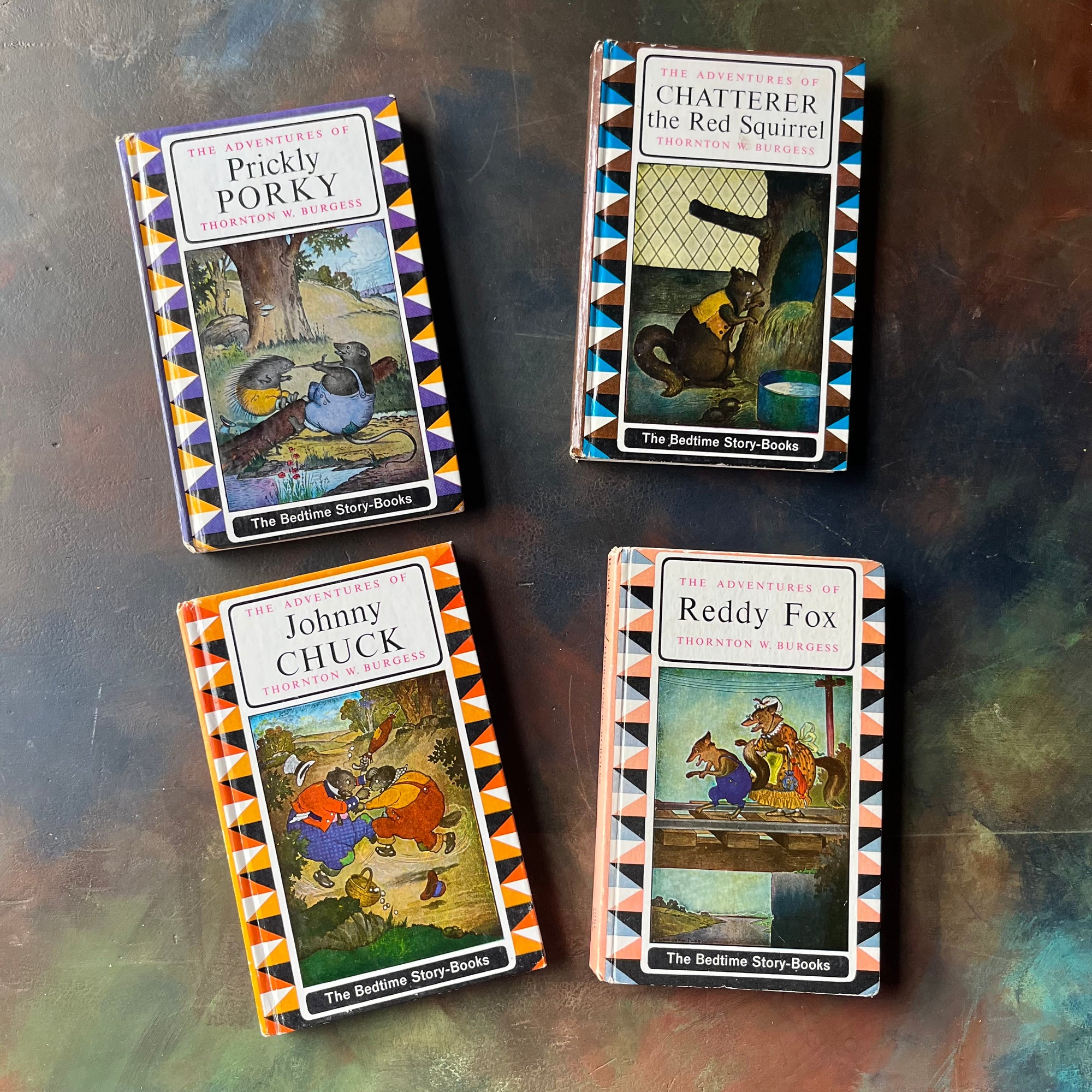 Set of Four of The Bedtime Story-Books written by Thornton W. Burgess with illustrations by Harrison Cady- The Set includes The Adventures of: Prickly Porky, Chatterer the Red Squirrel, Johnny Chuck, and Reddy Fox-vintage read alouds-view of the front covers
