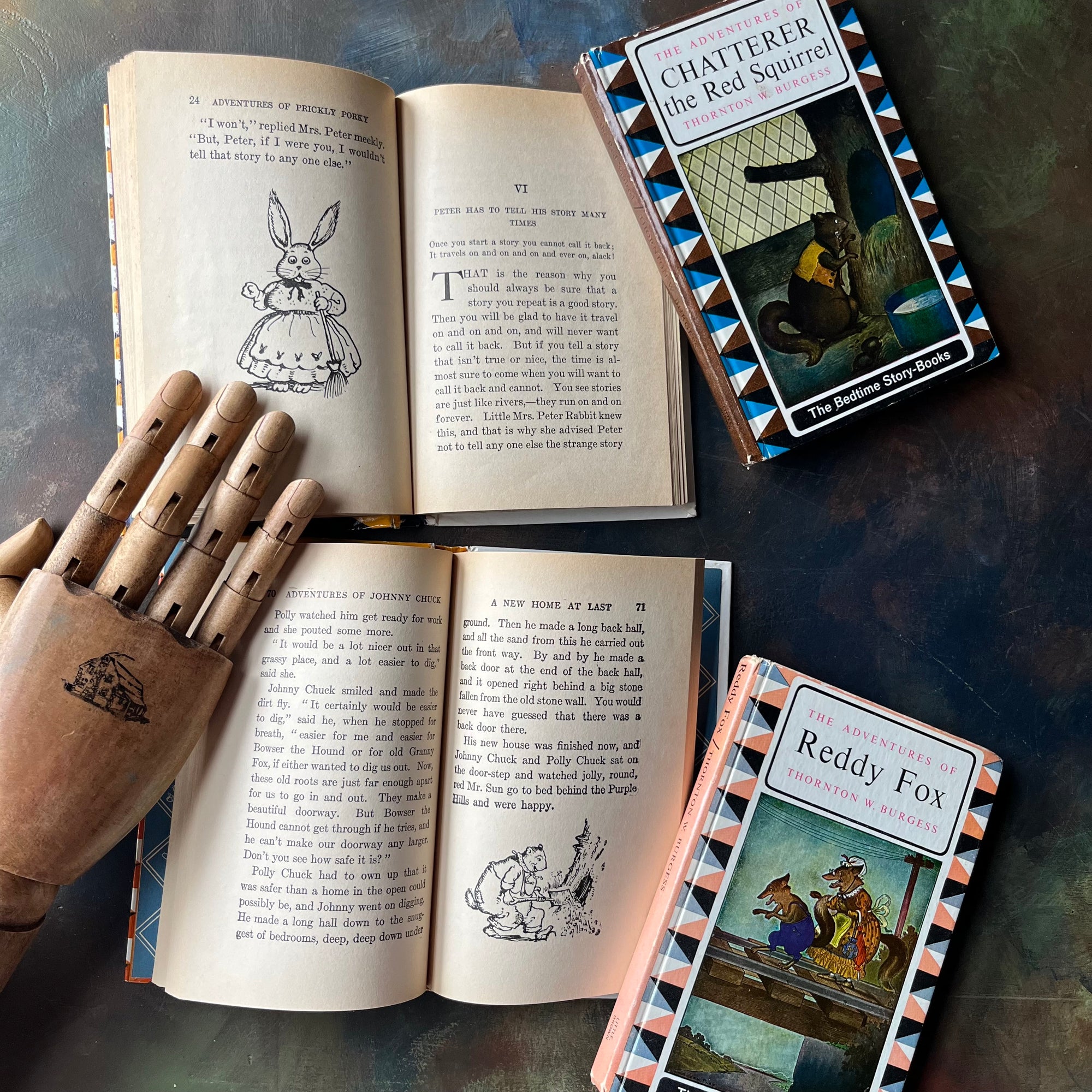 Set of Four of The Bedtime Story-Books written by Thornton W. Burgess with illustrations by Harrison Cady- The Set includes The Adventures of: Prickly Porky, Chatterer the Red Squirrel, Johnny Chuck, and Reddy Fox-vintage read alouds-view of the illustrations
