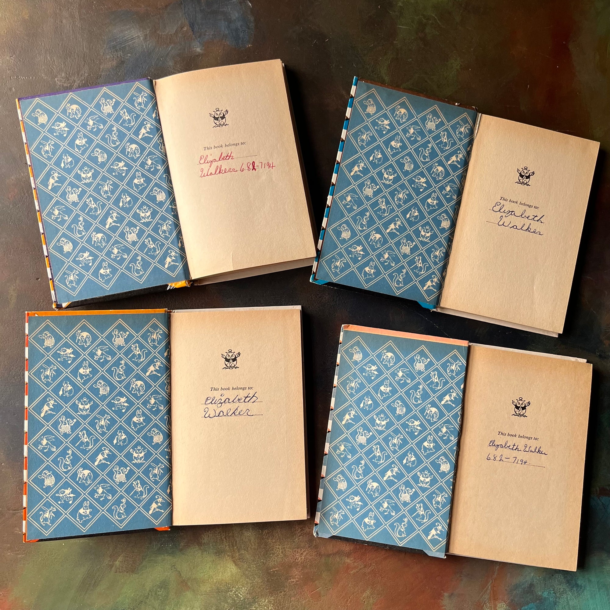 Set of Four of The Bedtime Story-Books written by Thornton W. Burgess with illustrations by Harrison Cady- The Set includes The Adventures of: Prickly Porky, Chatterer the Red Squirrel, Johnny Chuck, and Reddy Fox-vintage read alouds-view of the inside covers with names written on the endpapers