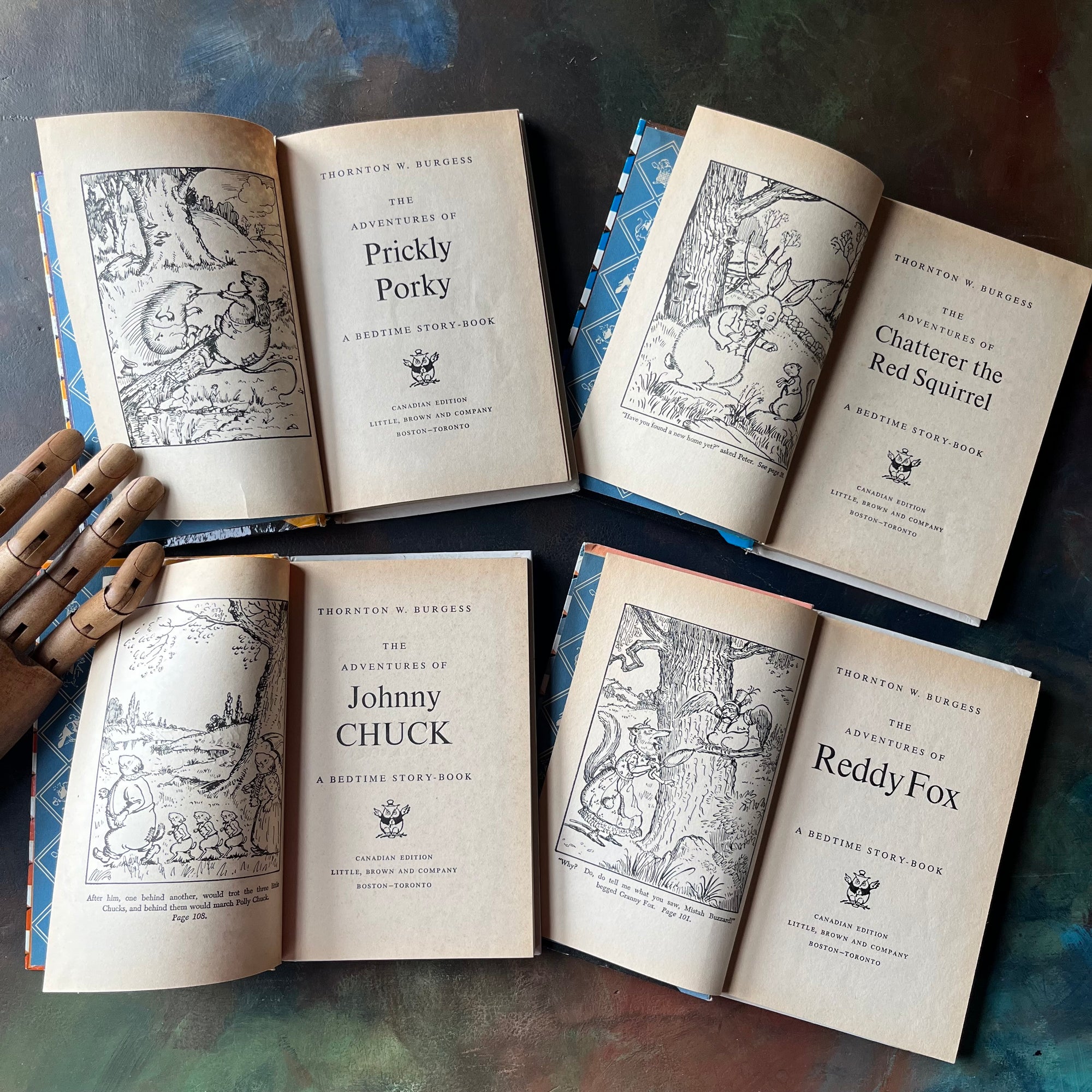 Set of Four of The Bedtime Story-Books written by Thornton W. Burgess with illustrations by Harrison Cady- The Set includes The Adventures of: Prickly Porky, Chatterer the Red Squirrel, Johnny Chuck, and Reddy Fox-vintage read alouds-view of the title pages