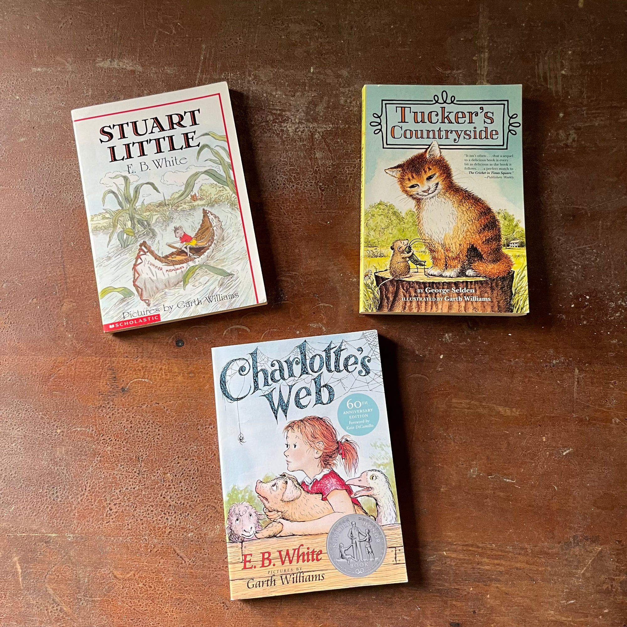 children's chapter books, Newberry Honor Book - Set of Three books illustrated by Garth William - Tucker's Countryside by George Selden, Stuart Little By E. B. White & Charlotte's Web by E. B. White - view of the front covers