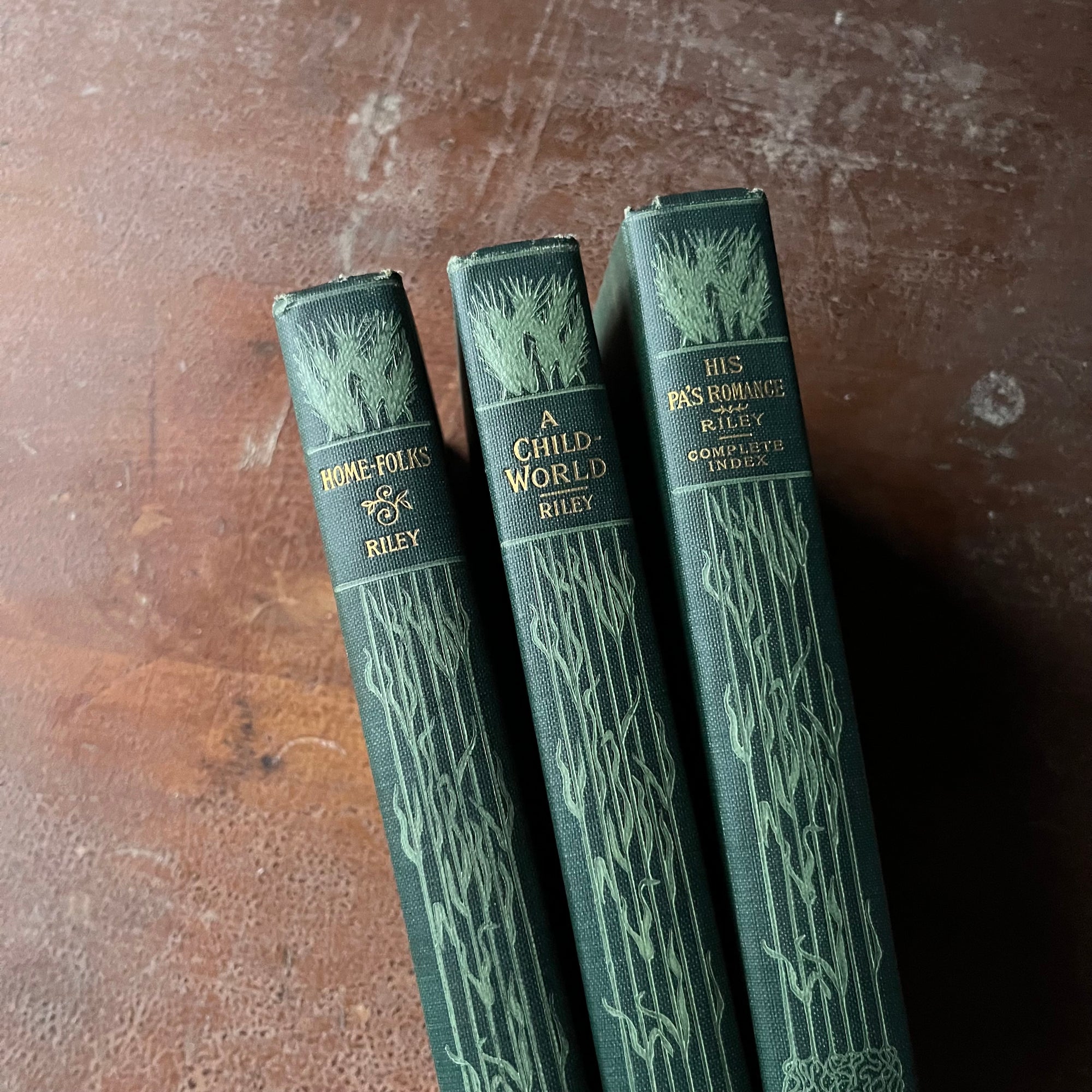 Set of Three James Whitcomb Riley Books-Home-Folks, A Child's World, and His Pa's Romance with Complete Index-antique poetry books-view of the embossed spines with an art deco design & titles