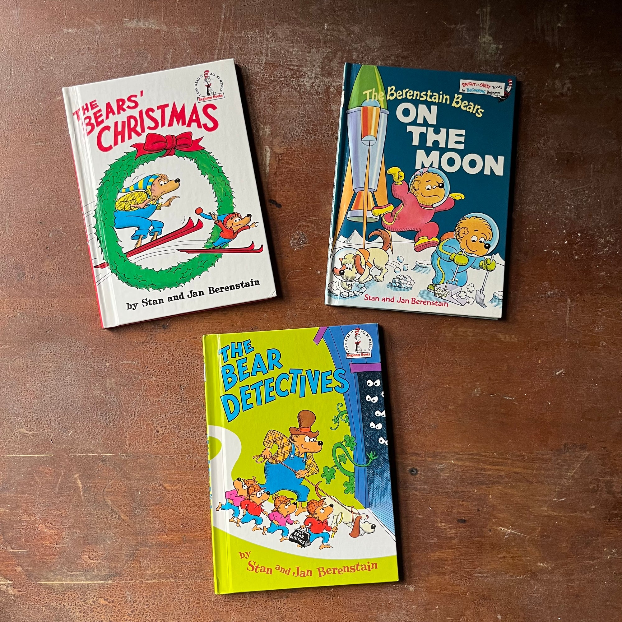 vintage picture books, I Can Read it All by Myself Beginner Books - Berenstain Bears Book Set: The Bear Detectives, The Berenstain Bears on the Moon & The Bears' Christmas - stories and pictures by Jan & Stan Berenstain - view of the glossy front covers