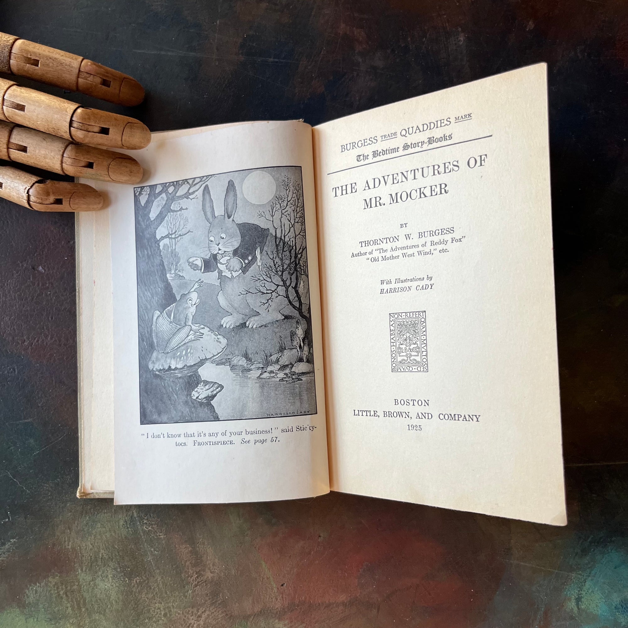 The Bedtime Story-Books written by Thornton W. Burgess-The Adventures of Mr. Mocker with illustrations by Harrison Cady Illustrations-1925 edition-vintage children's story-view of the title page & frontispiece