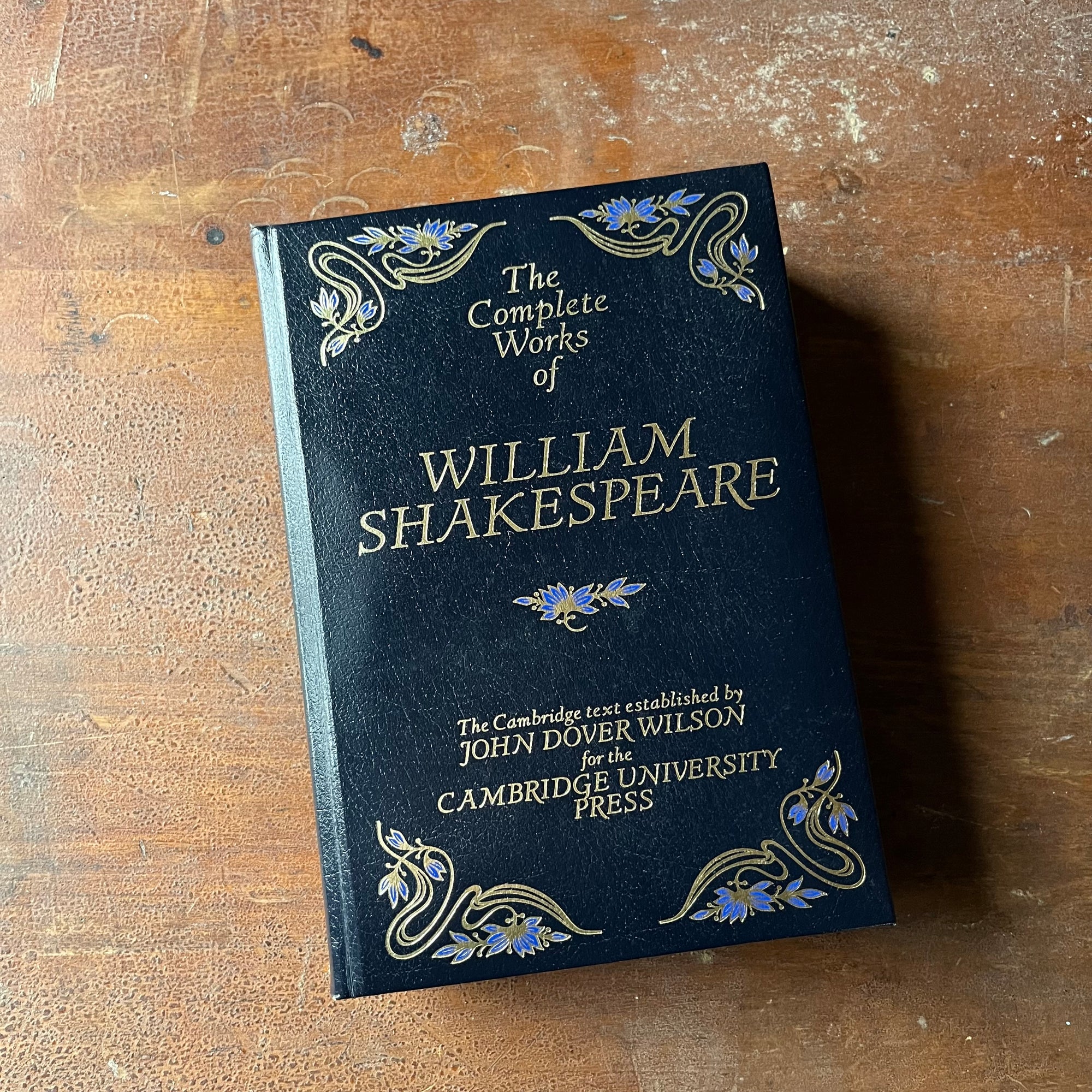 The Complete Works of William Shakespeare-Cambridge University Press-1982 Edition - view of the front cover in blue with a floral design at each corner with the title written in the middle