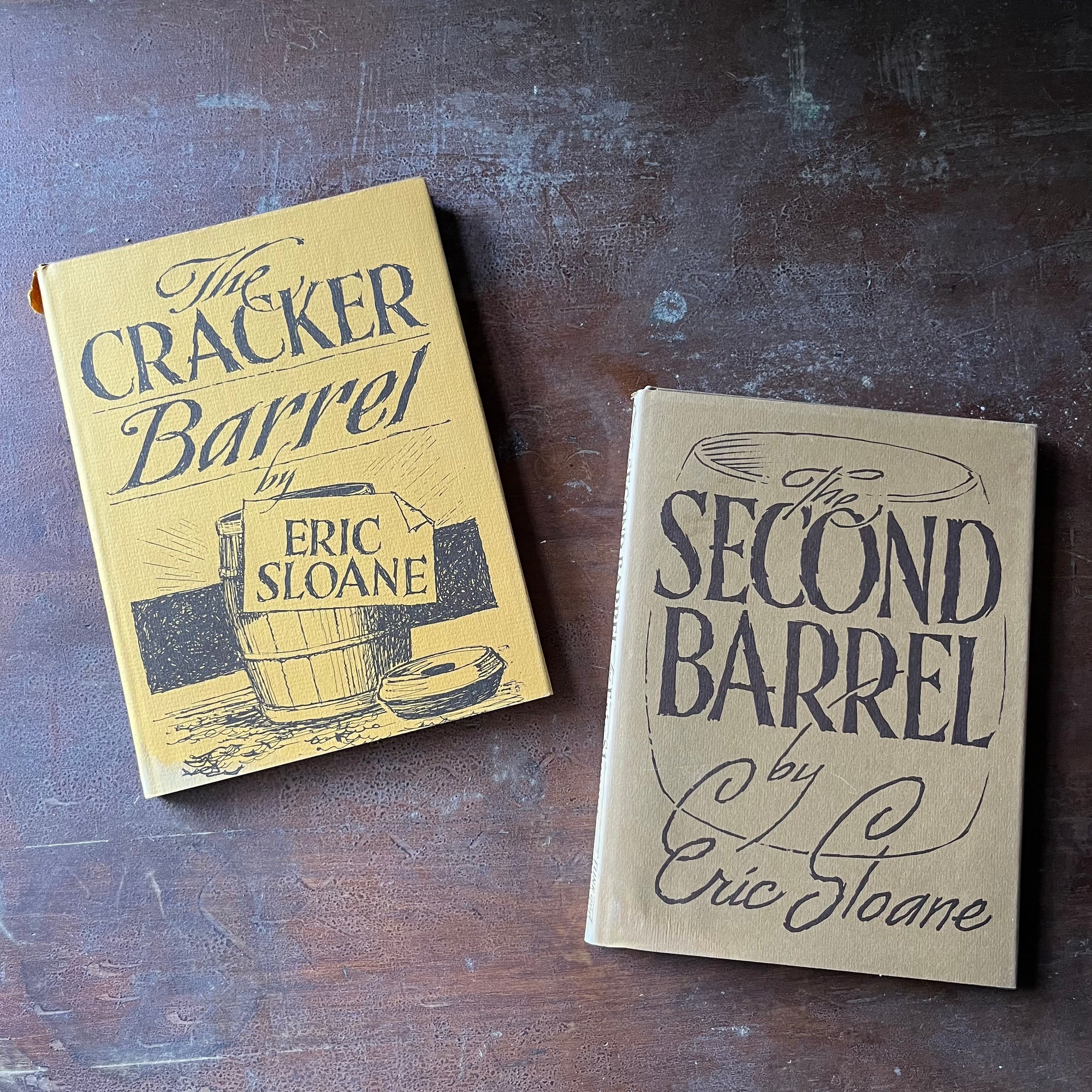 vintage American history Books, American Illustrator, Iconic American History - The Cracker Barrel and The Second Barrel written & Illustrated by Eric Sloane - view of the dust jacket's front covers