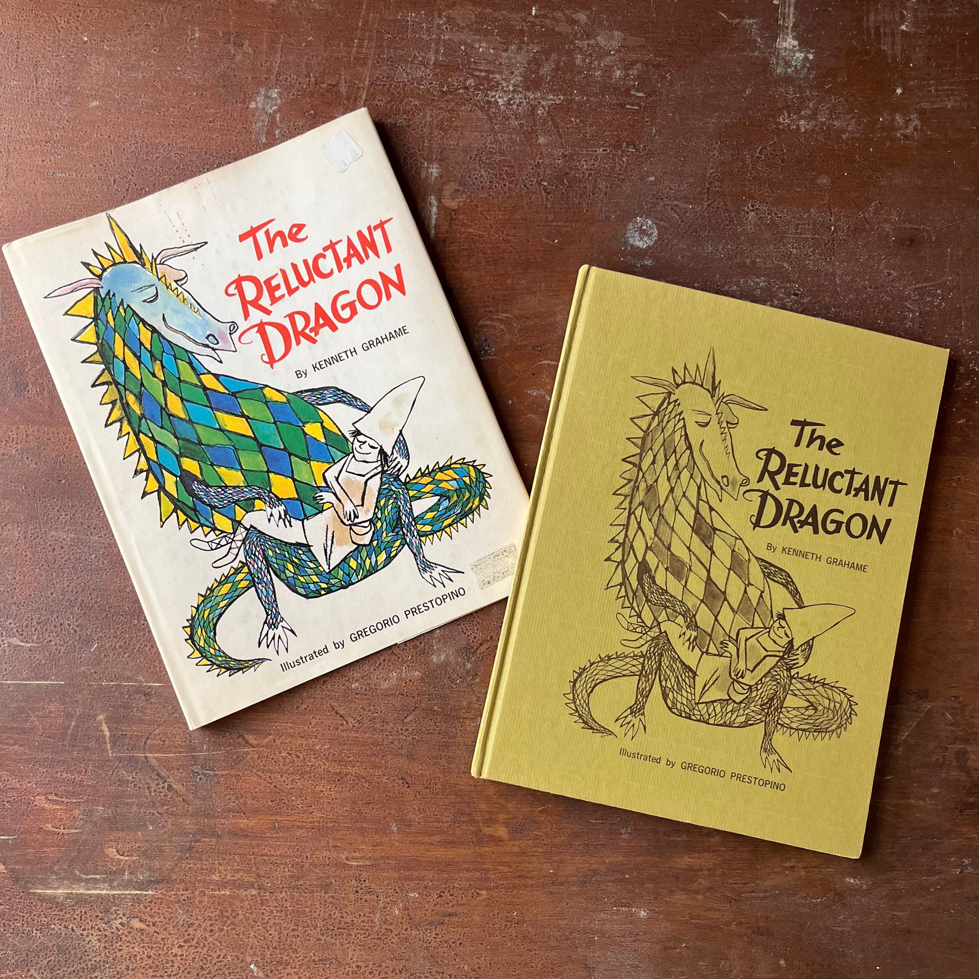 The Reluctant Dragon Written by Kenneth Grahame-Illustrations by Gregorio Prestopino-1968 children's picture book-view of the front cover & dust jacket - same image of the dragon & the boy on both