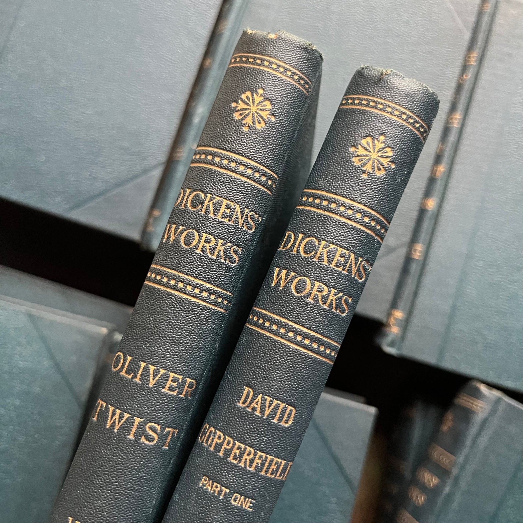 The Works of Charles Dickens - 20 Volume Set published by P. F. Collier Undated Editions-antique book set-view of the spines of Oliver Twist and David Copperfield