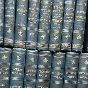 The Works of Charles Dickens - 20 Volume Set published by P. F. Collier Undated Editions-antique book set-view of the spines - closeup