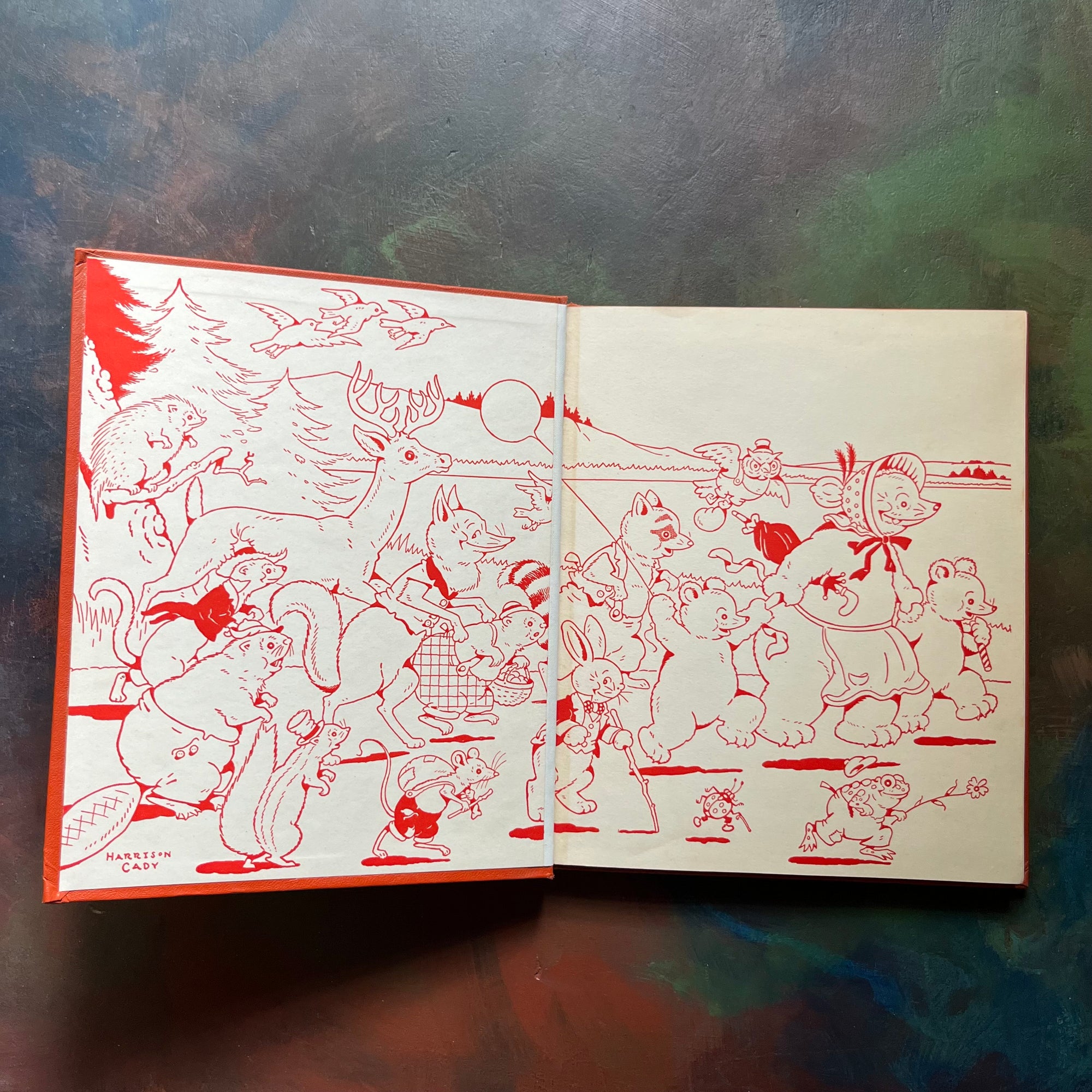 Thornton Burgess Animal Stories illustrated by Harrison Cady-1942-vintage children's storybook-view of the inside cover in orange & white - illustration of the characters from inside the book