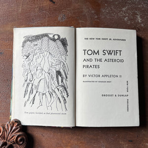 vintage children's adventure book, homeschool library, vintage boy adventure book, The New Tom Swift Jr. Adventures Book - Tom Swift and The Asteroid Pirates written by Victor Appleton II with illustrations by Charles Brey - view of the title page