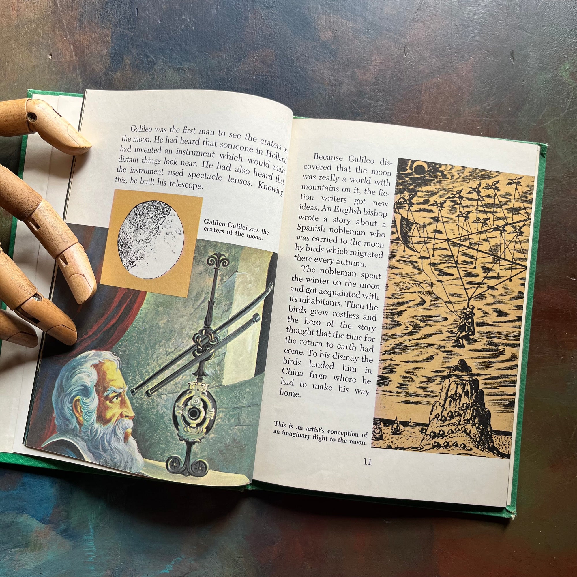 Vintage Green book titled 'Tomorrow the Moon' by Walt Disney on a textured surface-A Tomorrowland Adventure Book-Walt Disney Productions-living science book for kids-view of the illustrations