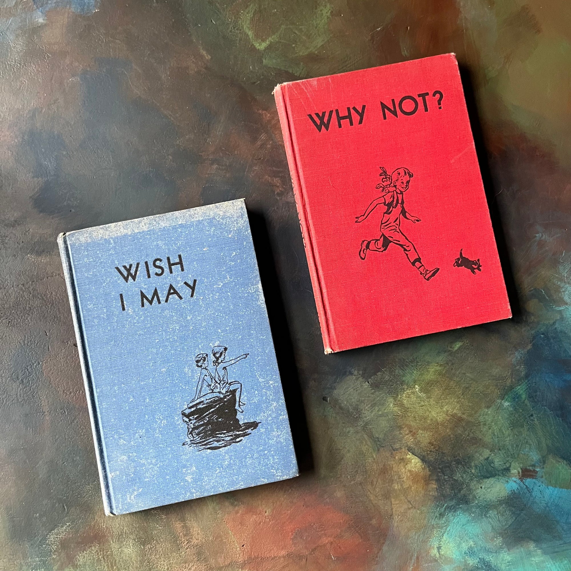 Pair of books written by Roberta Whitehead-Wish I May and Why Not? Written by Roberta Whitehead with illustrations by William Moyers-vintage children's chapter books-view of the front covers in blue & red
