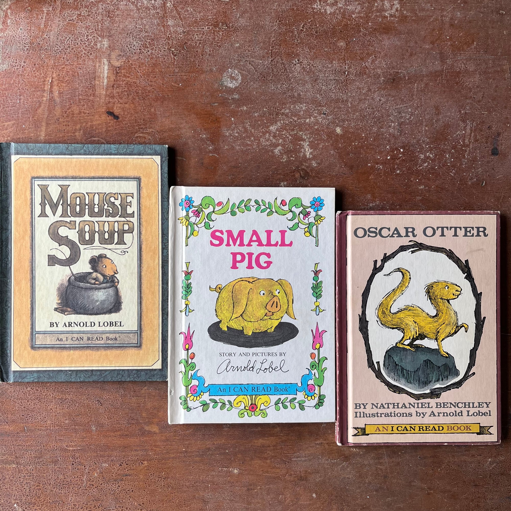 Log Cabin Vintage - vintage children's books, picture books, An I Can Read Book - Set of Three Books Written and Illustrated by Arnold Lobel:  Mouse Soup, Small Pig and Oscar Otter - view of their front covers