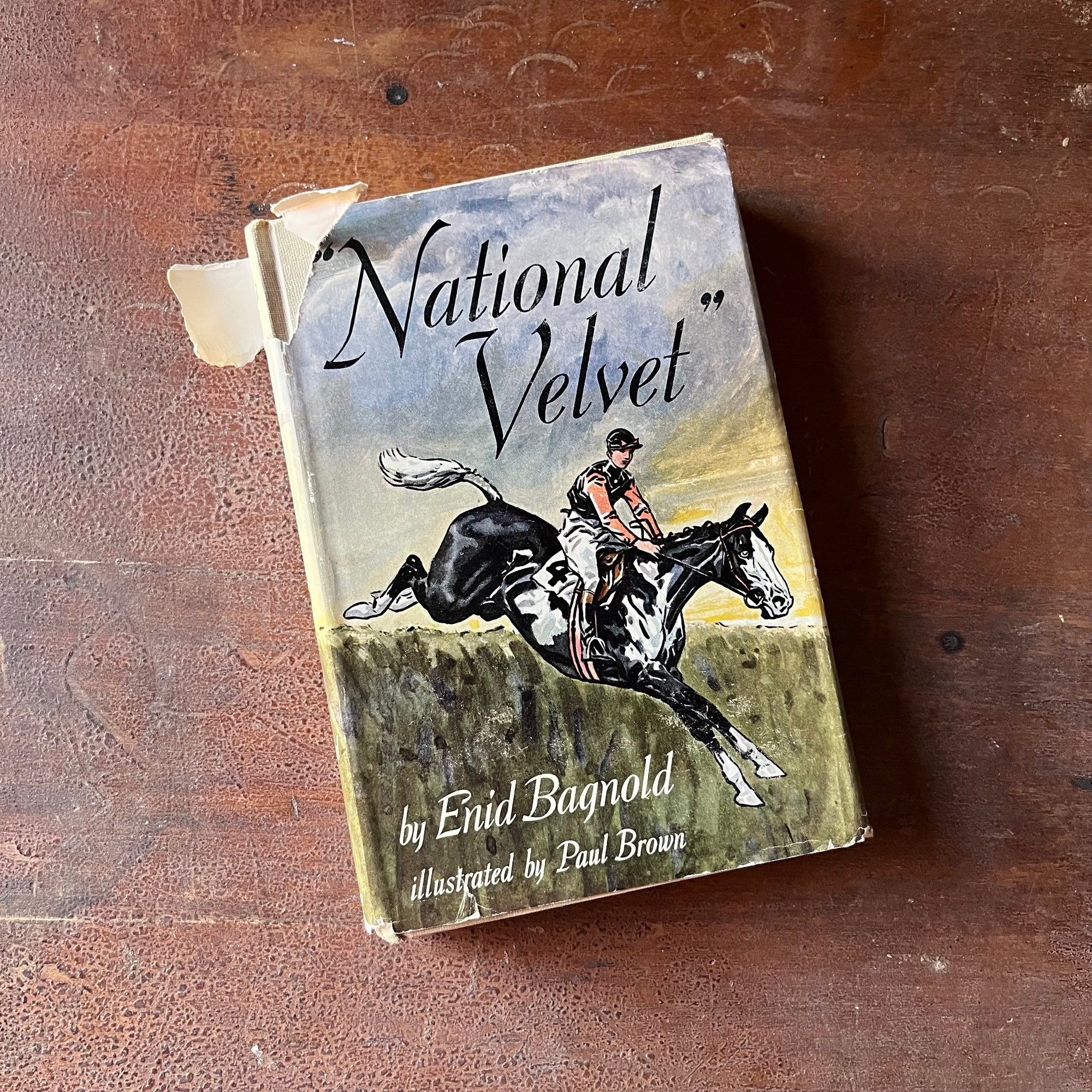 Log Cabin Vintage – vintage children’s book, children’s book, chapter book – National Velvet by Enid Bagnold with illustrations by Paul Brown - view of the dust jacket's front cover