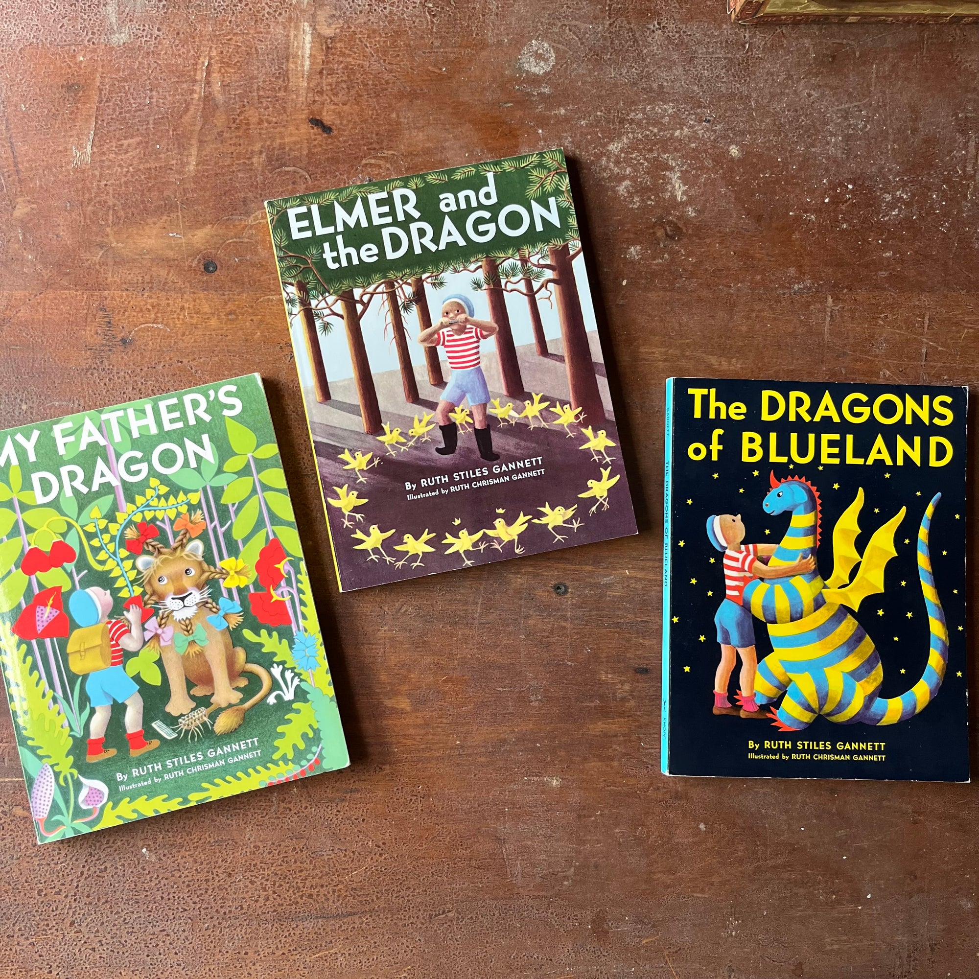 Log Cabin Vintage - vintage children's books, vintage children's classics, My Father's Dragon Tales - My Father's Dragon, Elmer and the Dragon, and The Dragons of Blueland Story and Illustrations by Ruth Stiles Gannett - view of the glossy front covers