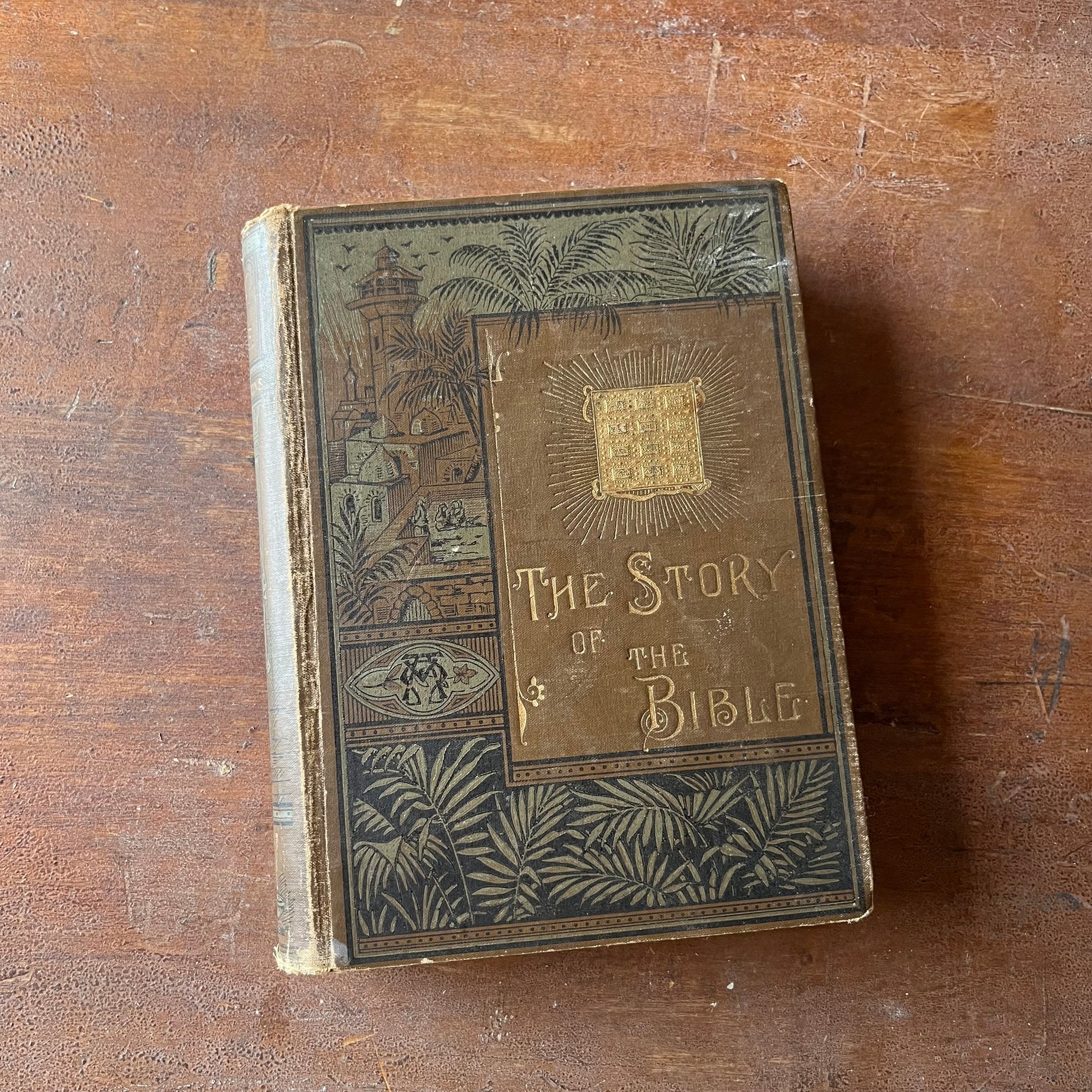 Log Cabin Vintage - antique book, antique bible story, antique religious text - The Story of the Bible by Charles Foster 1884 - view of the embossed front cover