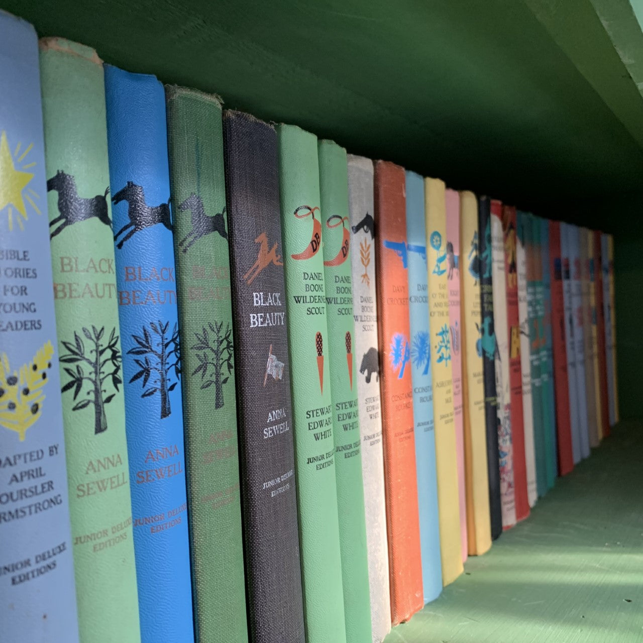 a green bookshelf filled with Junior Deluxe Editions -spines as far as you can see