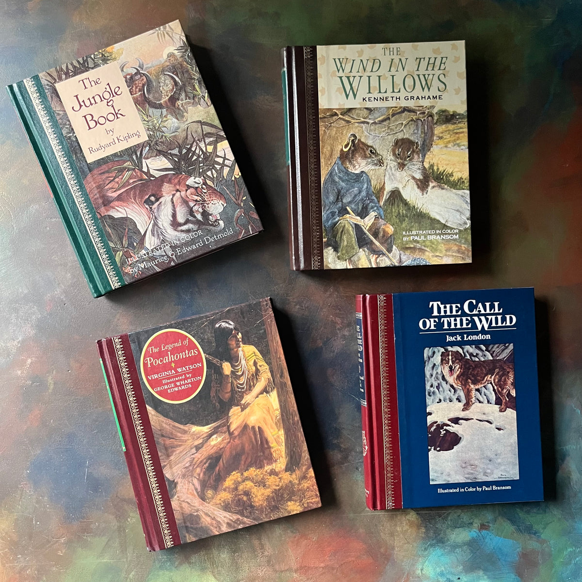 1980's Children's Classics-Call of the Wild-Wind in the Willows-The Legend of Pocahontas-The Jungle Book-classic children's literature-view of the front covers with illustrations