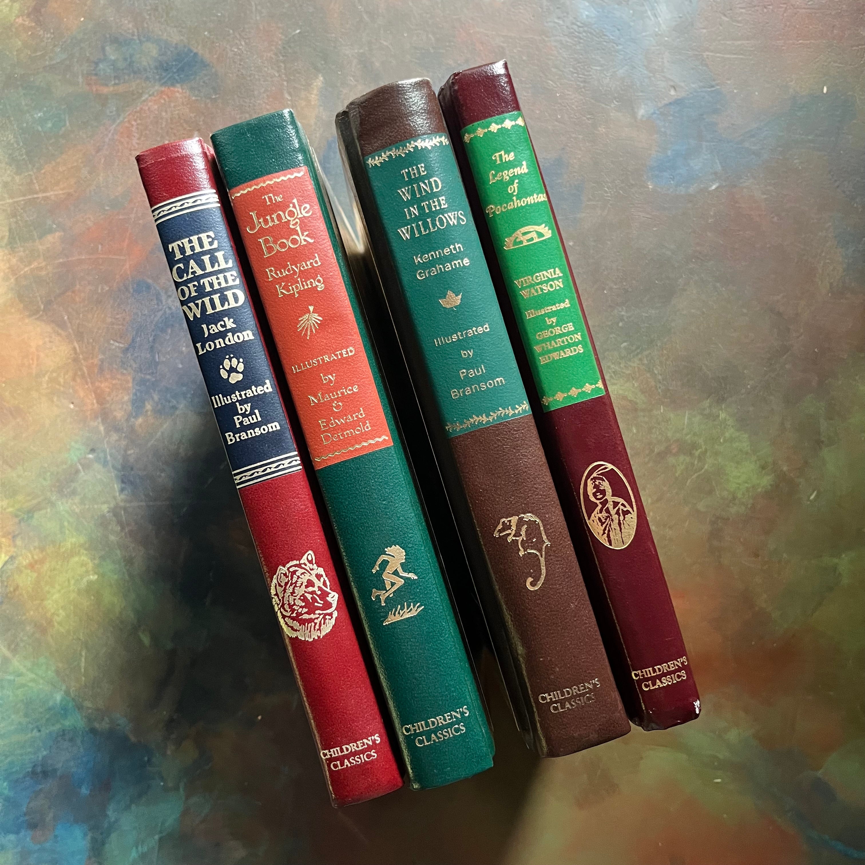 1980's Children's Classics-Call of the Wild-Wind in the Willows-The Legend of Pocahontas-The Jungle Book-classic children's literature-view of the colorful spines