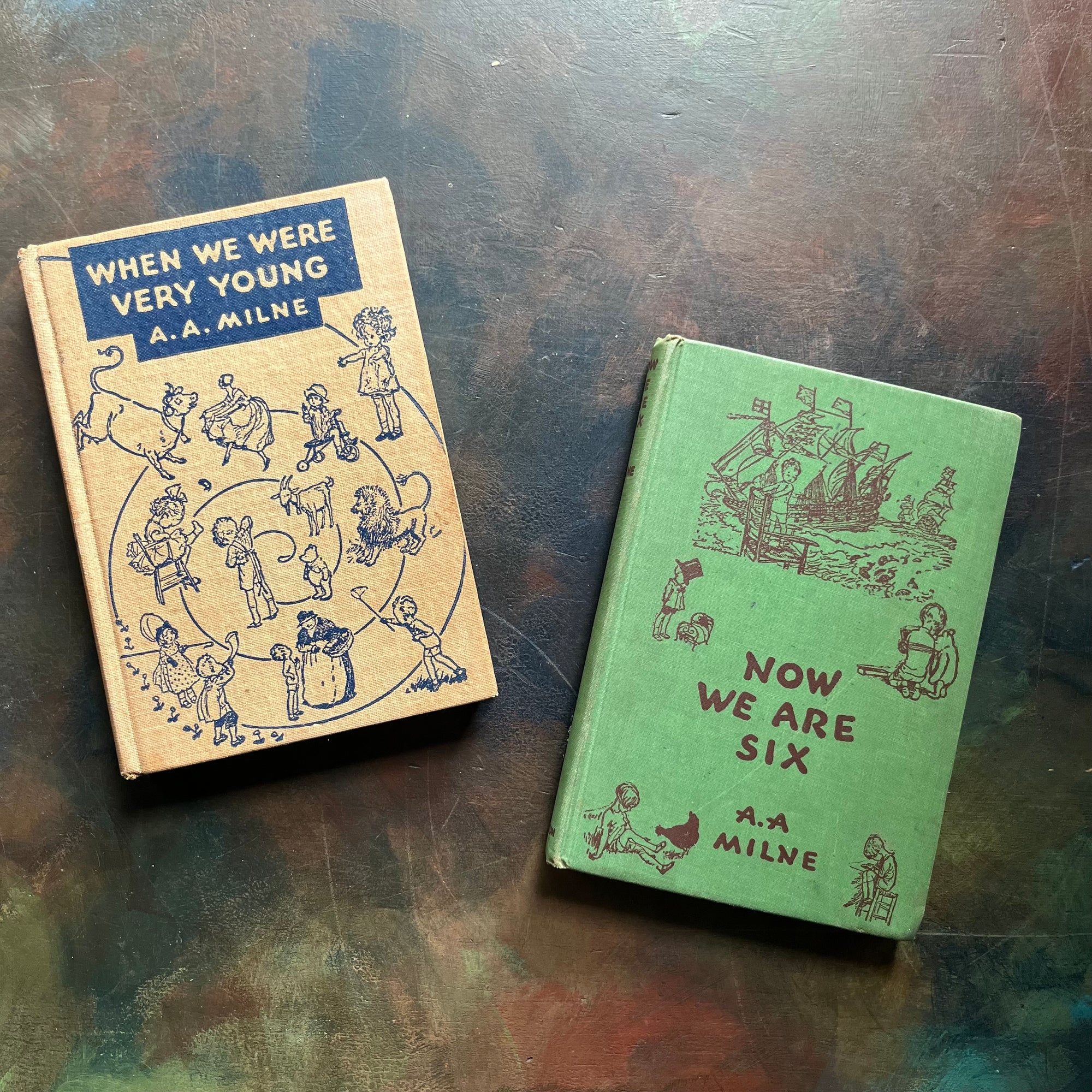 A. A. Milne-When We Were Very Young-Now We Are Six-Illustrations by E. H. Shepard-vintage children's short stories-children's poetry-vintage children's books-view of the front covers with images of the characters from each book in the designs