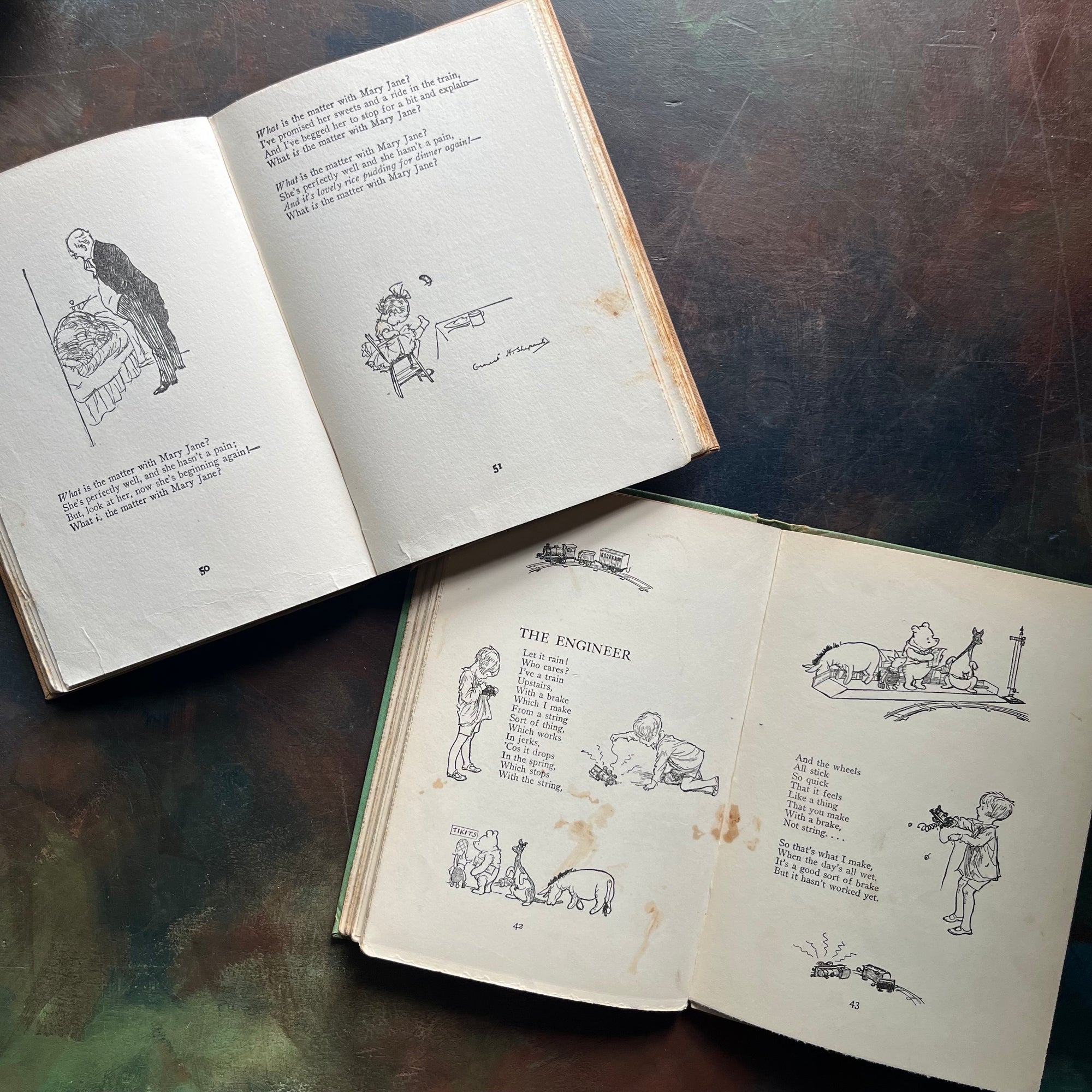 A. A. Milne-When We Were Very Young-Now We Are Six-Illustrations by E. H. Shepard-vintage children's short stories-children's poetry-vintage children's books-view of the illustrations and poetry - note the age spots noted on the pages