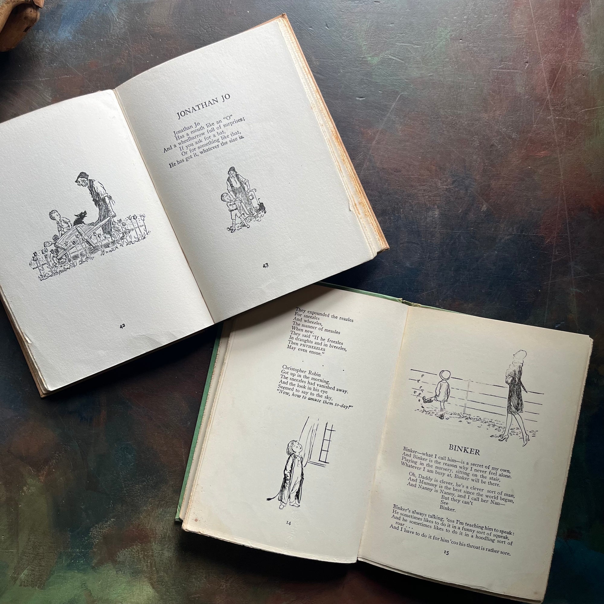 A. A. Milne-When We Were Very Young-Now We Are Six-Illustrations by E. H. Shepard-vintage children's short stories-children's poetry-vintage children's books-view of the illustrations and poetry