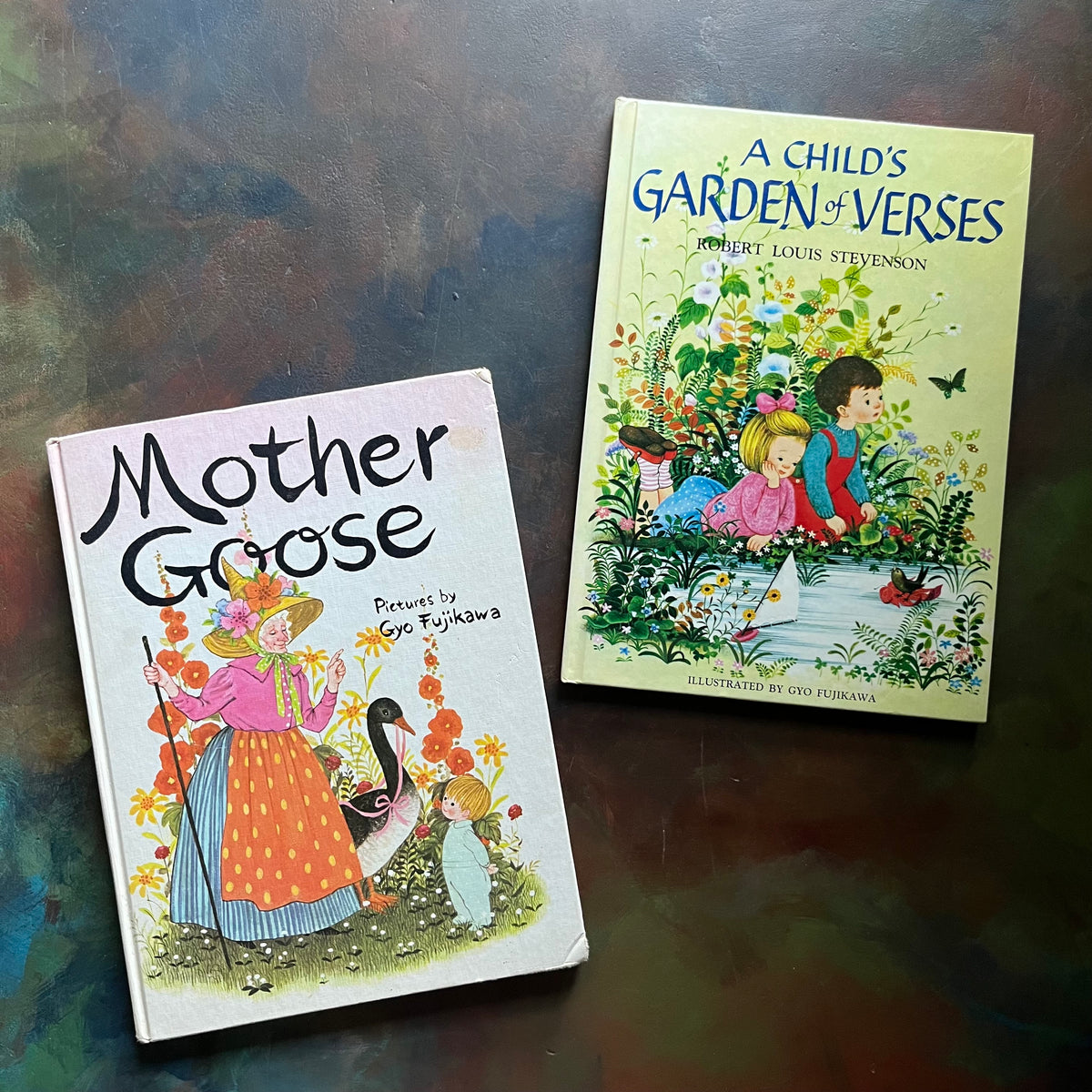 A Child's Garden of Verses written by Robert Louis Stevenson & Mother Goose Nursery Rhymes-both illustrated by Gyo Fujikawa-vintage children's books-view of the front covers