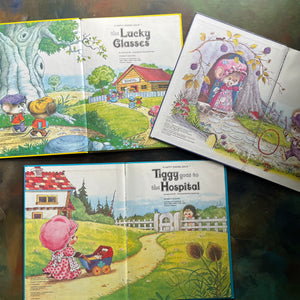 A Happy Ending 1980's Children's Picture Books written by Jane Carruth with illustrations by Tony Hutchings-The Lucky Glasses-Adventure in the Dark-Tiggy Goes to the Hospital-view of the title pages