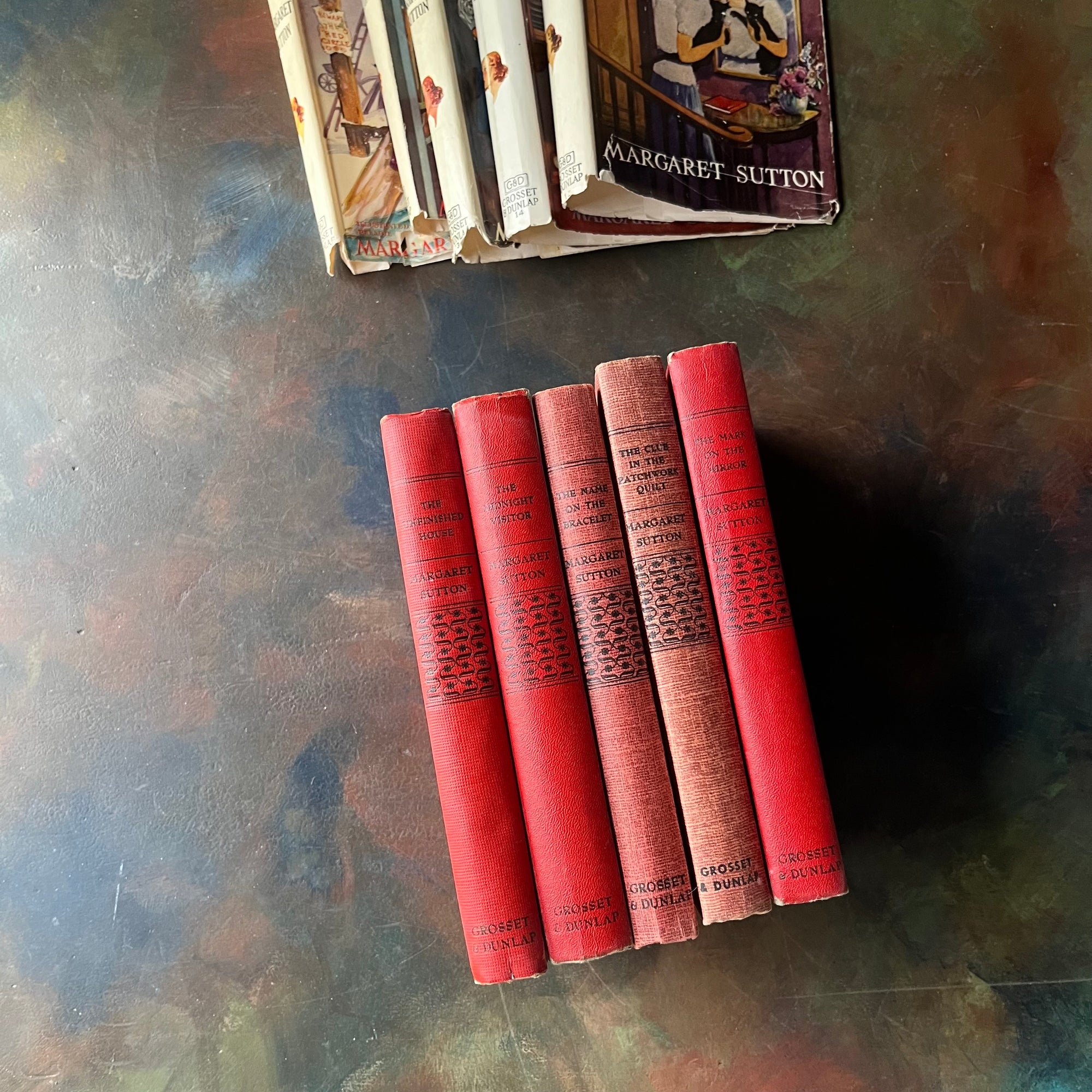 A Judy Bolton Mystery Book Set by Margaret Sutton Volumes 11 through 15-vintage children's mystery books-mystery books for girls-view of the spines