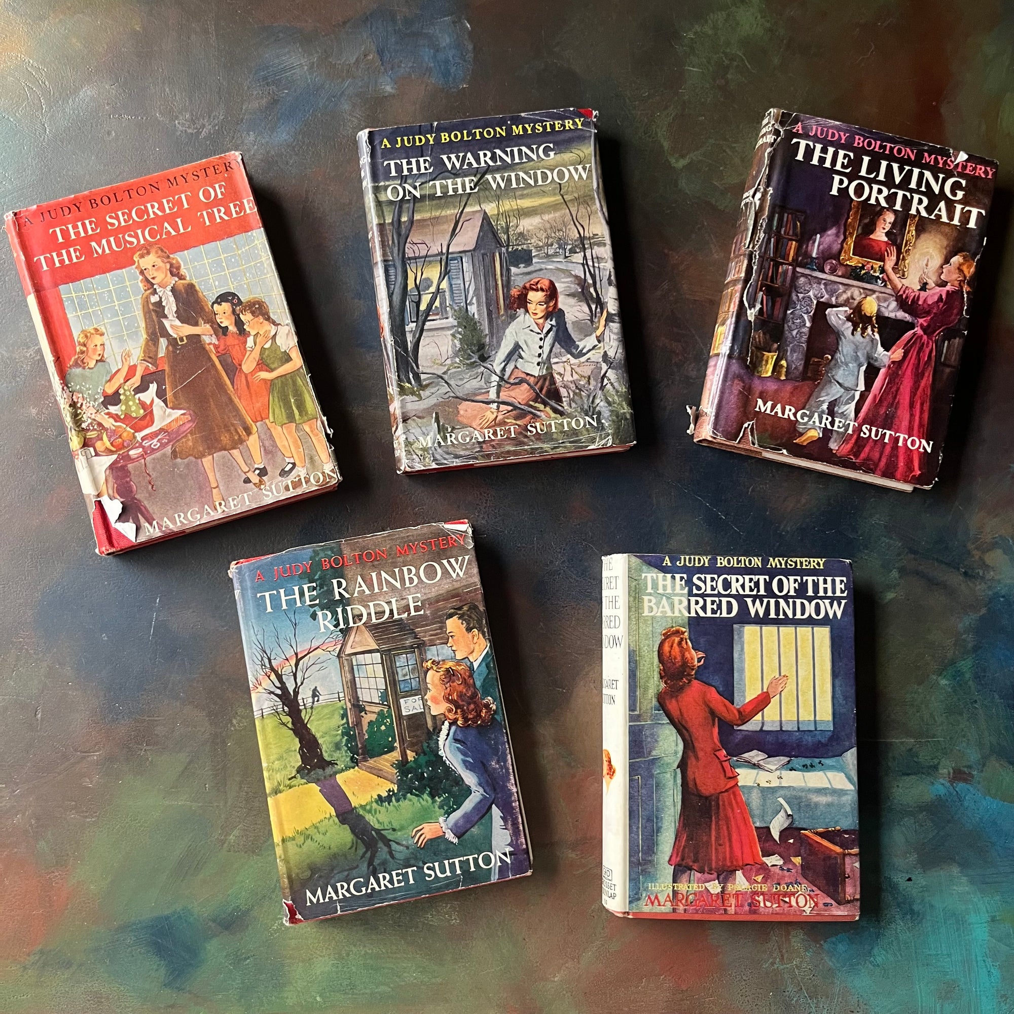 A Judy Bolton Mystery Book Set by Margaret Sutton Volumes 16 through 20-vintage children's mystery books-mystery books for girls-view of the dust jacket front covers