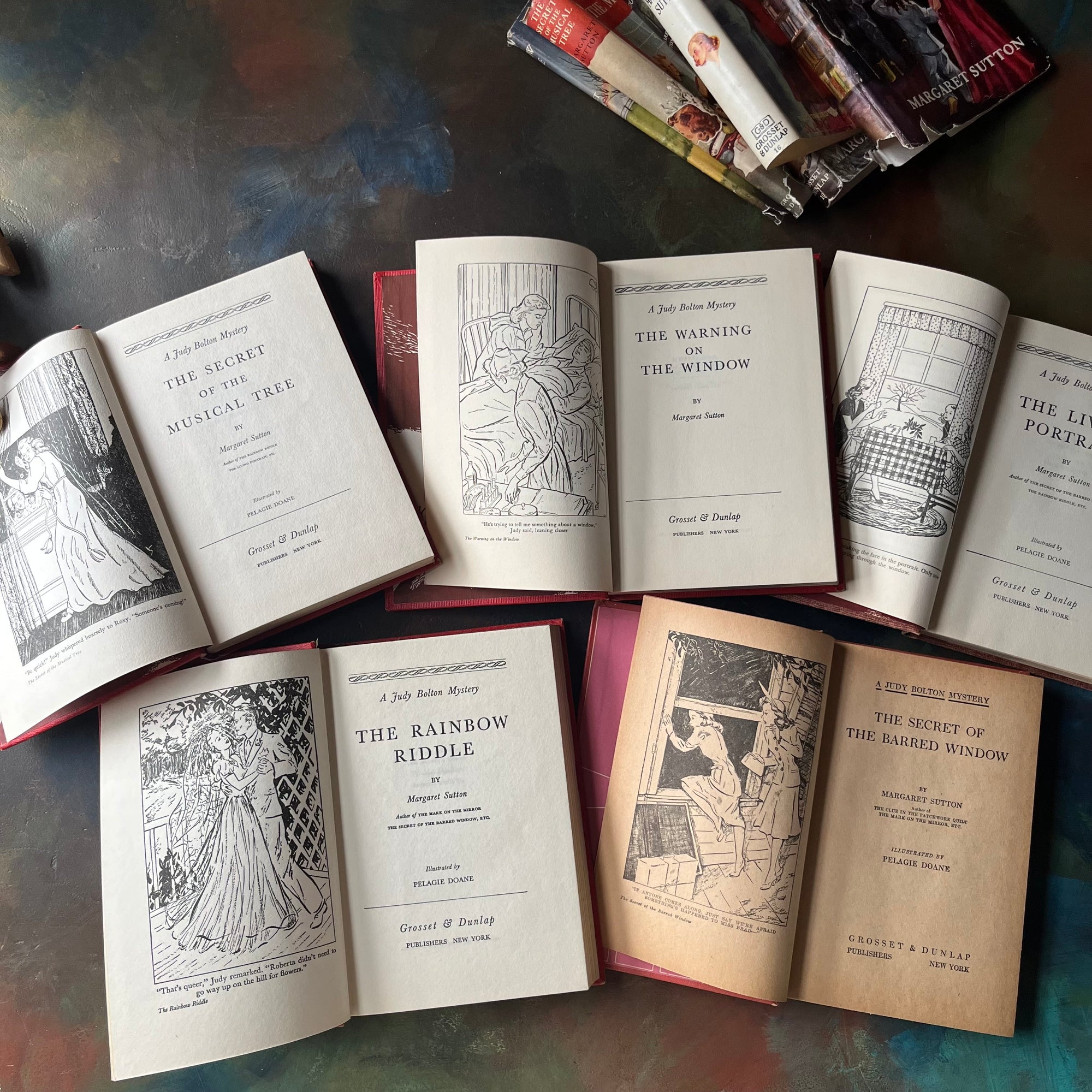 A Judy Bolton Mystery Book Set by Margaret Sutton Volumes 16 through 20-vintage children's mystery books-mystery books for girls-view of the title pages & frontispieces