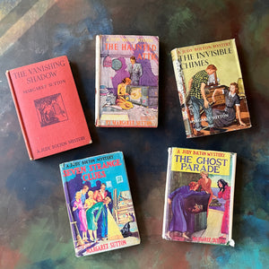A Judy Bolton Mystery Book Set written by Margaret Sutton with illustrations by Pelagie Doane-Volumes 1 through 5-antique mystery books for girls-children's mystery books-view of the front covers with dust jackets