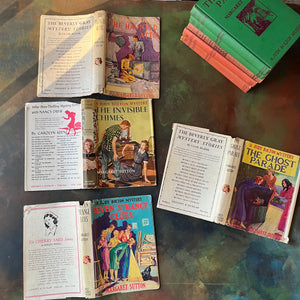 A Judy Bolton Mystery Book Set written by Margaret Sutton with illustrations by Pelagie Doane-Volumes 1 through 5-antique mystery books for girls-children's mystery books-view of the outside of the dust jackets