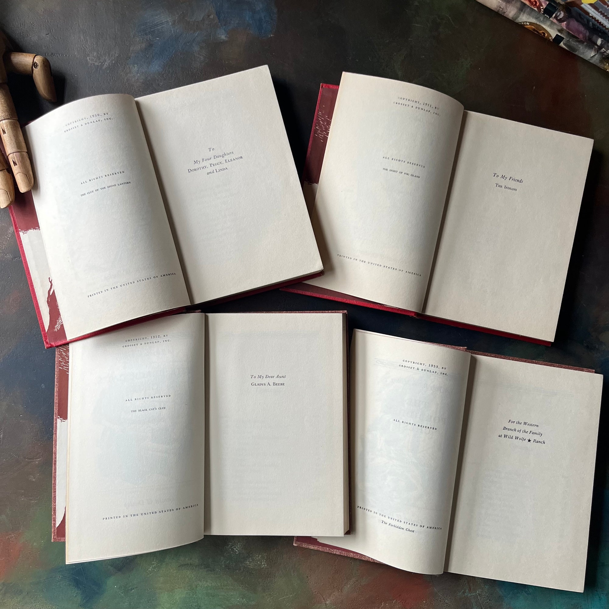 A Judy Bolton Mystery Book Set written by Margaret Sutton with illustrations by Pelangie Doane - Volumes 21 through 24-vintage mystery books for girls-vintage children's mysteries-view of the copyright & dedication pages