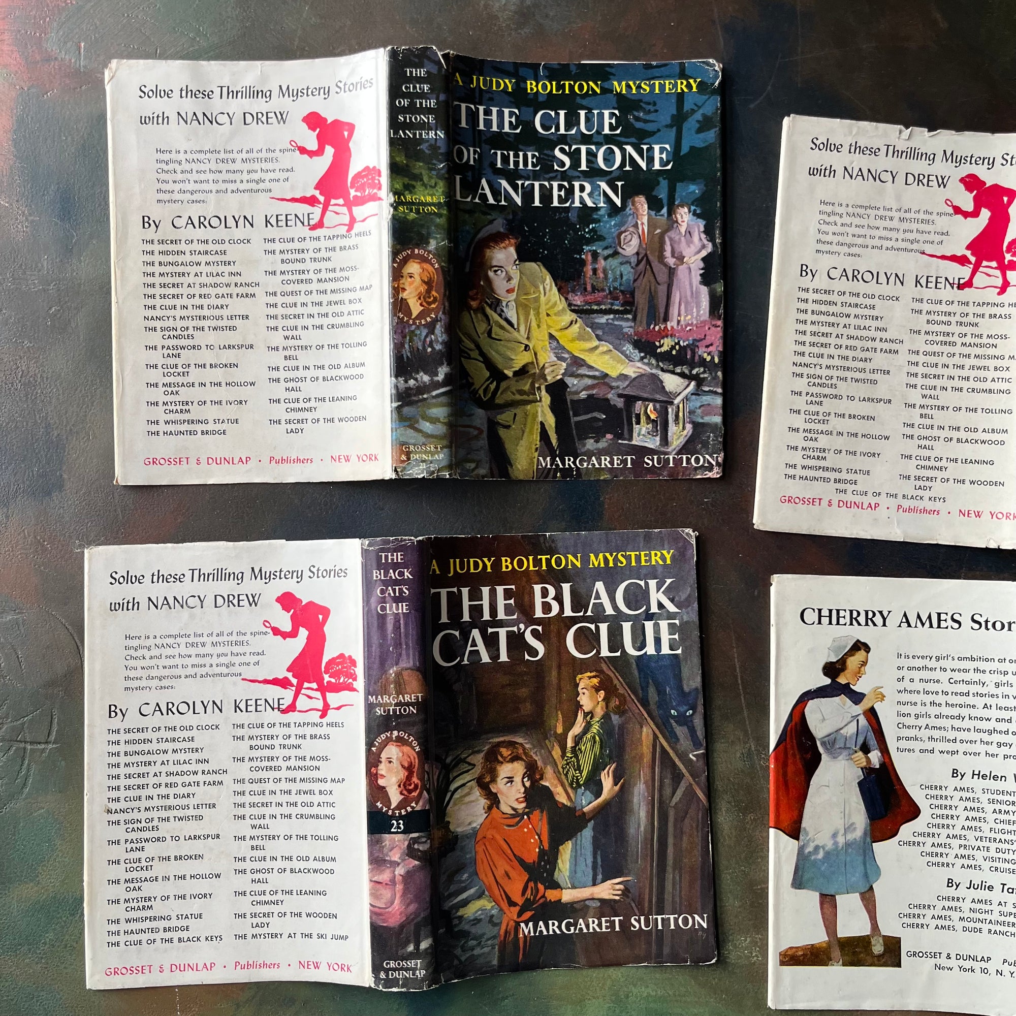 A Judy Bolton Mystery Book Set written by Margaret Sutton with illustrations by Pelangie Doane - Volumes 21 through 24-vintage mystery books for girls-vintage children's mysteries-view of the outside of the dust jackets