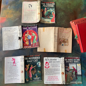 A Judy Bolton Mystery Book Set written by Margaret Sutton with illustrations by Pelagie Doane-Volumes 6 through 10-antique mystery books for girls-children's mystery books-view of the outside of the dust jackets