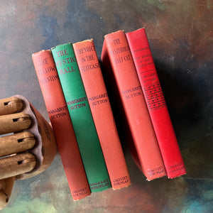 A Judy Bolton Mystery Book Set written by Margaret Sutton with illustrations by Pelagie Doane-Volumes 6 through 10-antique mystery books for girls-children's mystery books-view of the spines