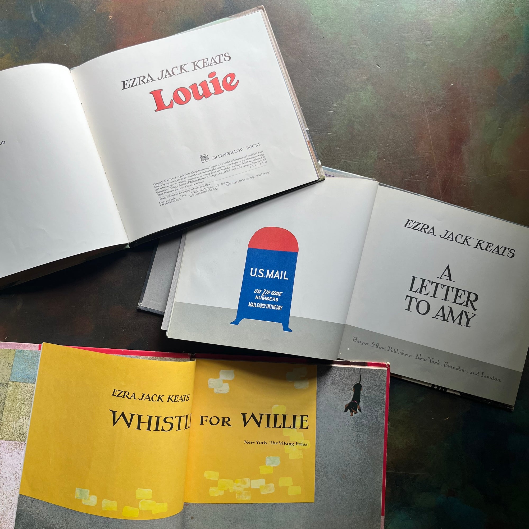 Set of Three Vintage Picture Books-A Letter to Amy, Louie and Whistle for Willie-Ezra Jack Keats-vintage children's picture books-award winning children's author and illustrator-view of the title pages