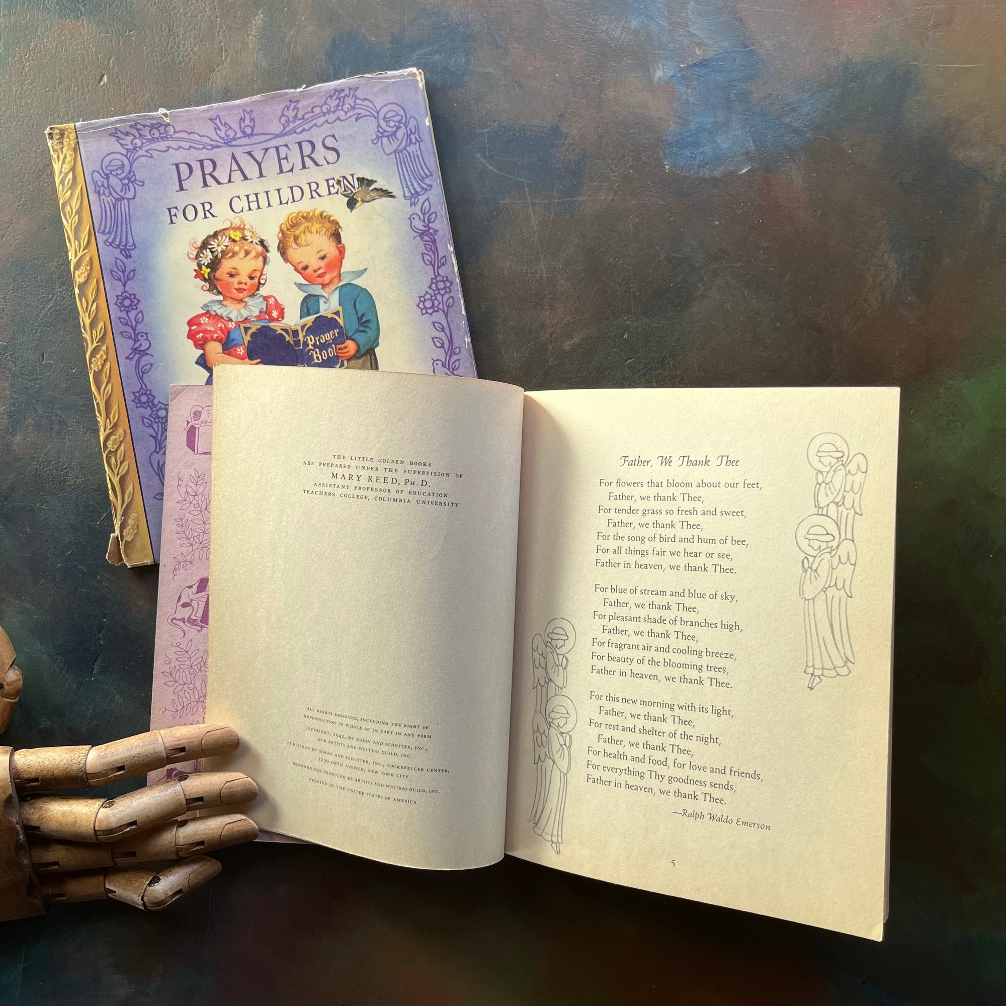 A Little Golden Book-Prayers for Children-Rachel Taft Dixon-1942 First Edition with Dust Jacket-vintage children's picture book-view of the copyright page & first page of the book - a prayer written by Ralph Waldo Emerson