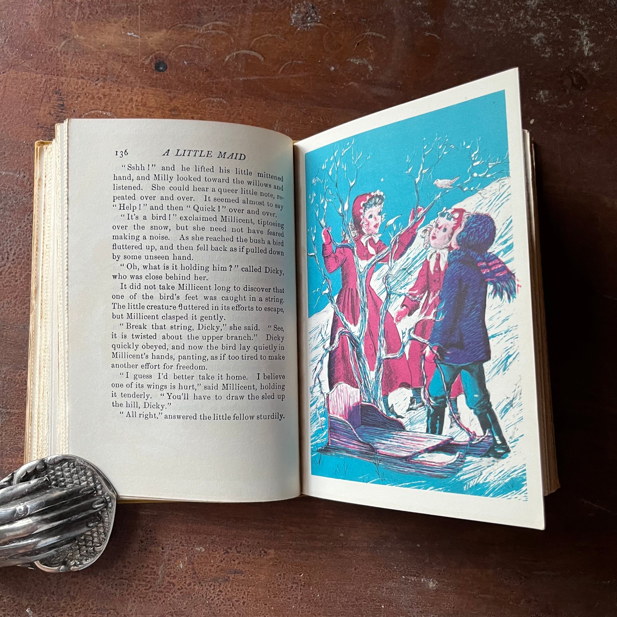 vintage children's living history book, vintage children's chapter book - A Little Maid of Bunker Hill written by Alice Turner Curtis with illustrations by Sandra James:  Published in 1952 by Alfred A. Knopf - view of the full color illustration of three children on a snowy slope with a sled