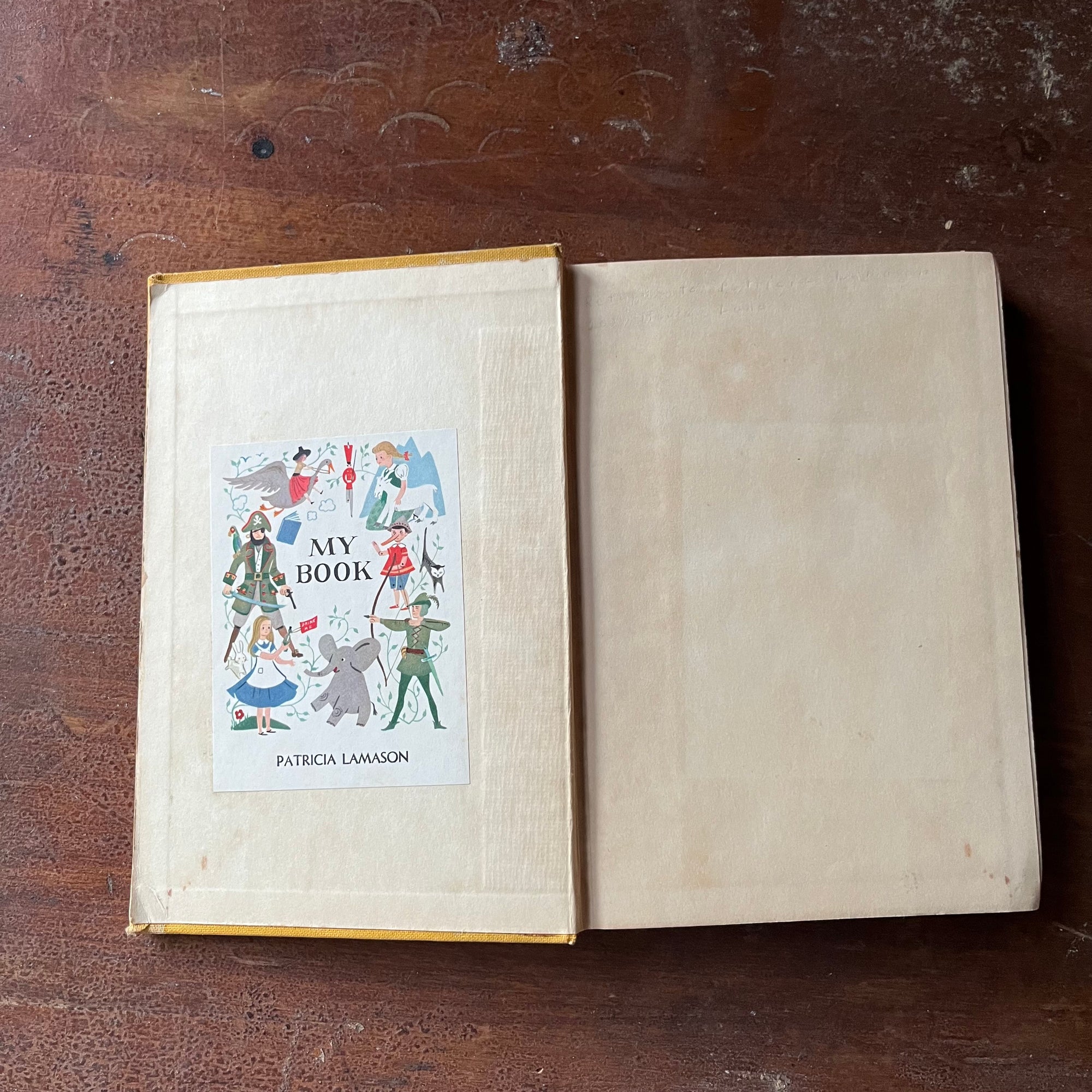 vintage children's living history book, vintage children's chapter book - A Little Maid of Bunker Hill written by Alice Turner Curtis with illustrations by Sandra James:  Published in 1952 by Alfred A. Knopf - view of the inside cover with a bookplate on the left hand side