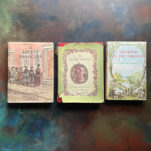 A Little Princess and The Secret Garden written by Frances Hodgson Burnett-A Wind in the Willows written by Kenneth Grahame-illustrated by Tasha Tudor-vintage children's classic books-view of the dust jacket's front covers depicting scenes from each book