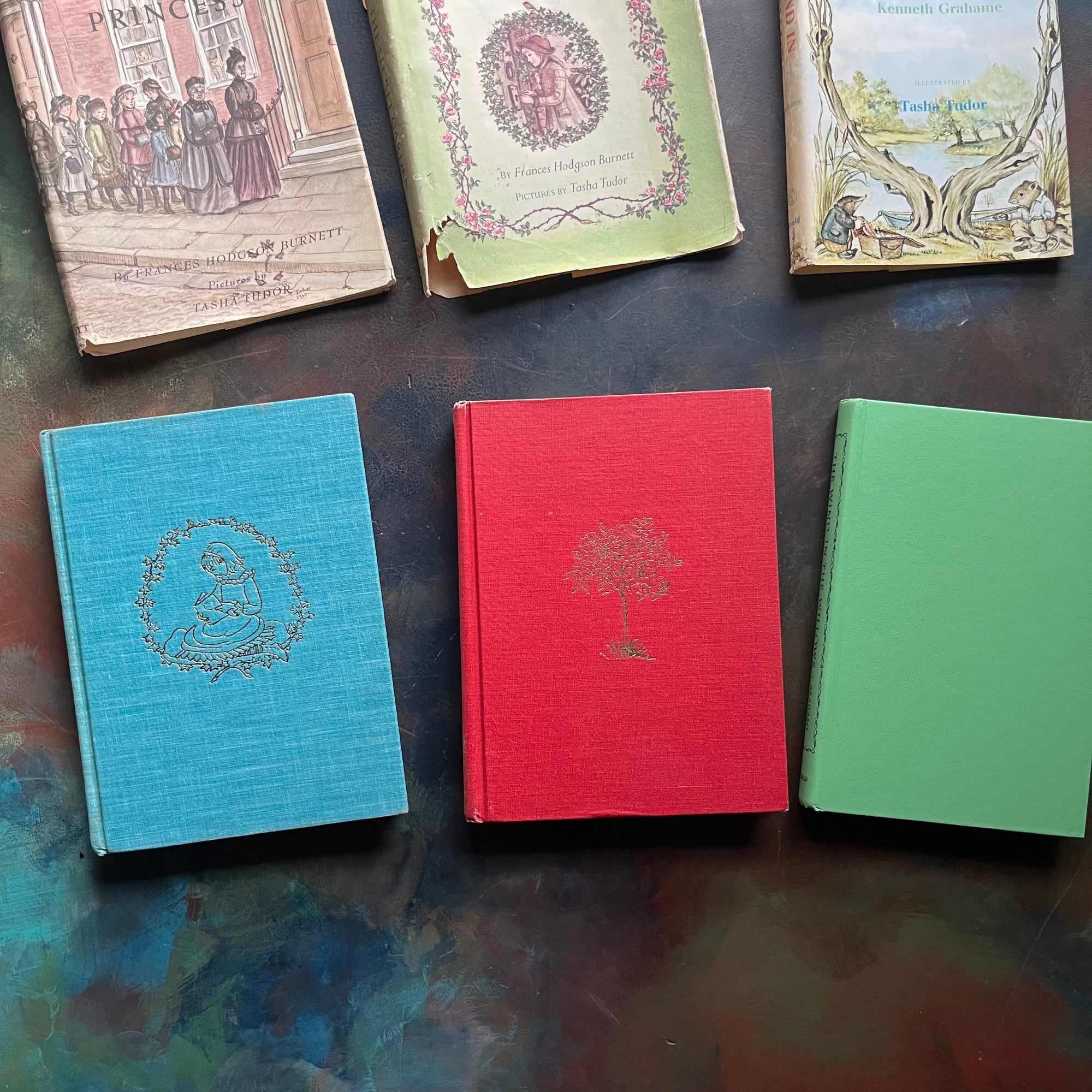 A Little Princess and The Secret Garden written by Frances Hodgson Burnett-A Wind in the Willows written by Kenneth Grahame-illustrated by Tasha Tudor-vintage children's classic books-view of the clothbound front covers