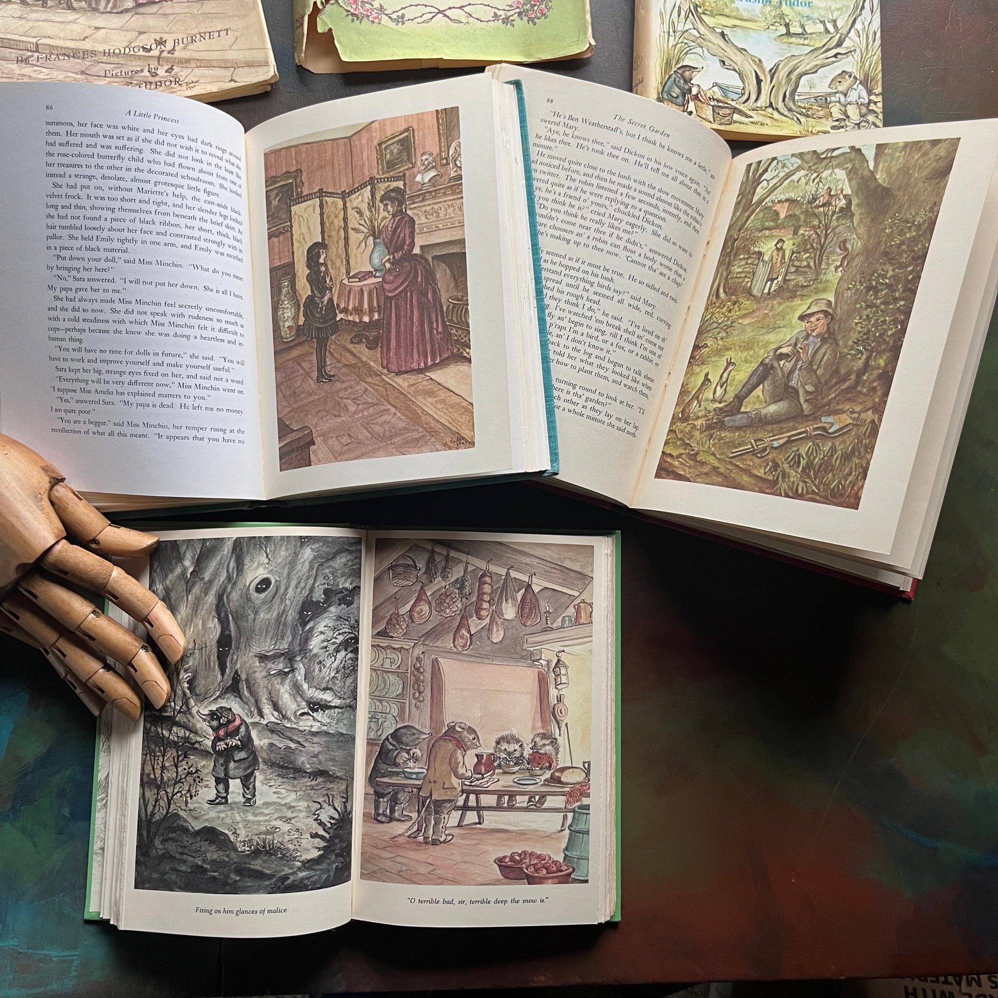A Little Princess and The Secret Garden written by Frances Hodgson Burnett-A Wind in the Willows written by Kenneth Grahame-illustrated by Tasha Tudor-vintage children's classic books-view of the full-color illustrations