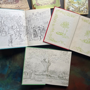 A Little Princess and The Secret Garden written by Frances Hodgson Burnett-A Wind in the Willows written by Kenneth Grahame-illustrated by Tasha Tudor-vintage children's classic books-view of the inside covers depicting scenes from each book